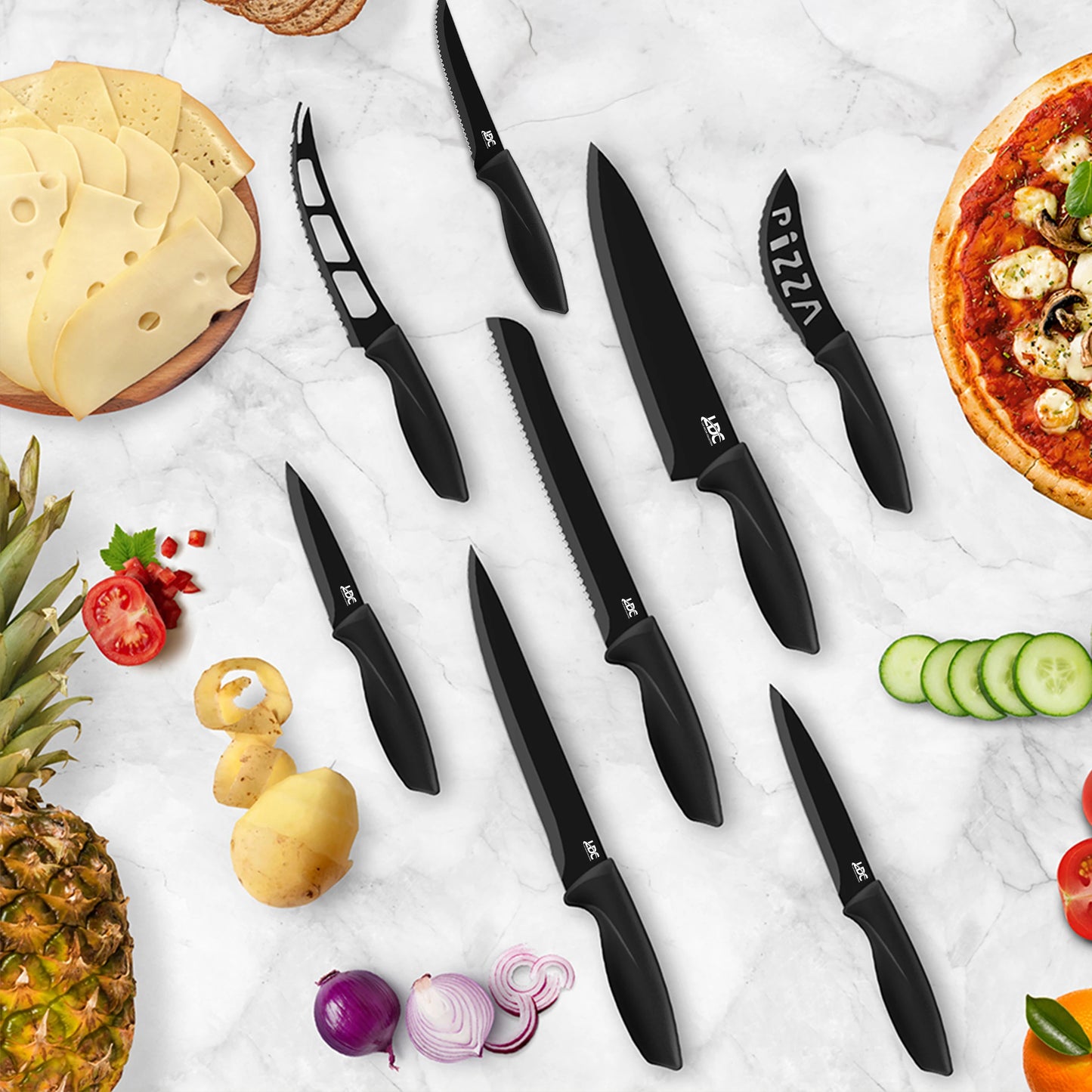 Lux Decor Collection Kitchen Black Knife Set - Stainless Steel, Dishwasher Safe Ergonomic Knives Set with Anti-Slip Handles