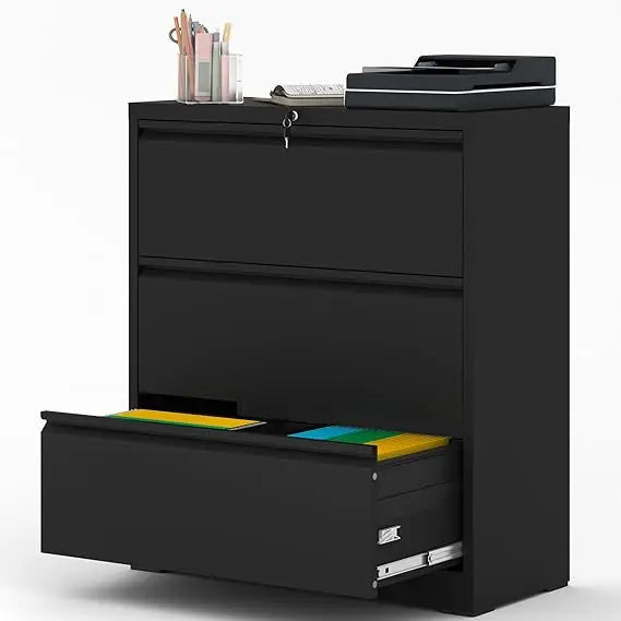 3-drawer lateral file cabinet with lock, black metal heavy duty for home office hanging letter files