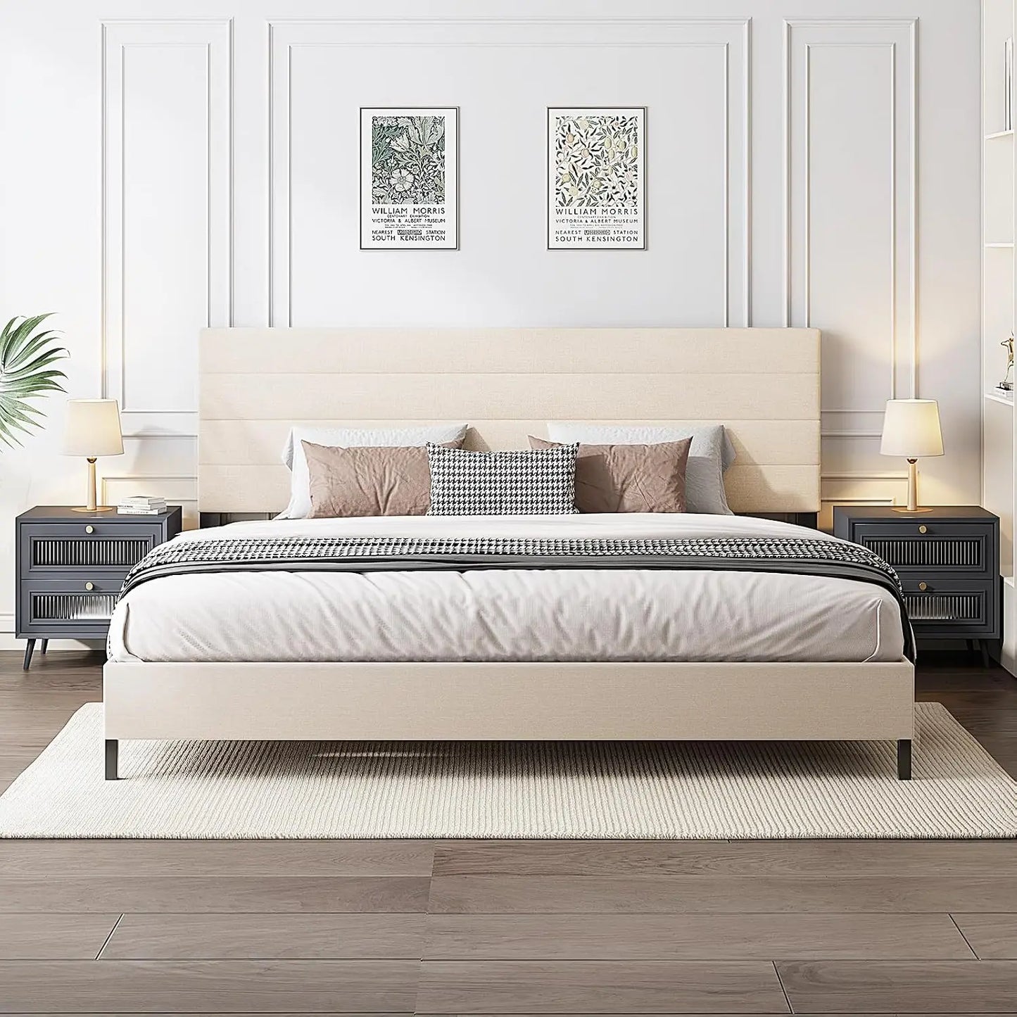 Queen Bed Frame, Modern Upholstered Bed Frame with Adjustable Linen Headboard, Wooden Slats Support Platform Queen, Customized