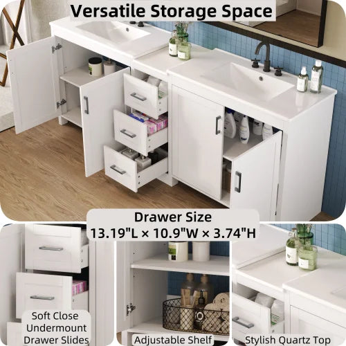 84"Double-Sink Bathroom Vanity,2 Ceramic Sinks and a Quartz Countertop,with Adjustable Shelves and 3 Drawers,Large storage space