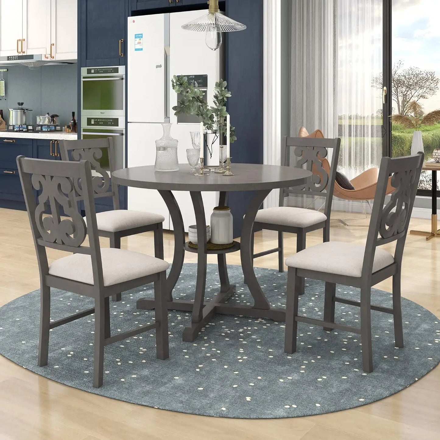 Solid Wood Dining Set With Extendable Table And Upholstered Chairs