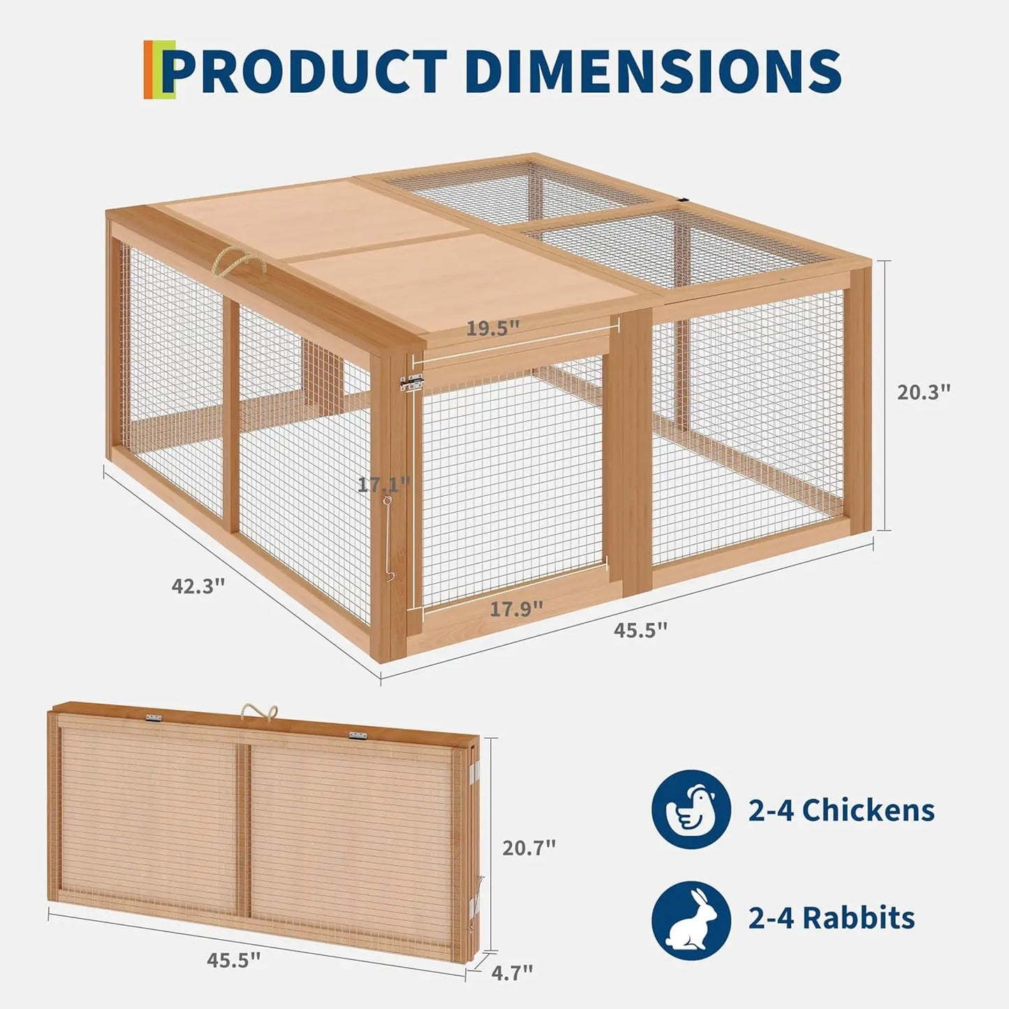 Folding Portable Wooden Chicken Coop Run No Assembly Rabbit Hutch With Predator-Proof Mesh For Outdoor Indoor Use