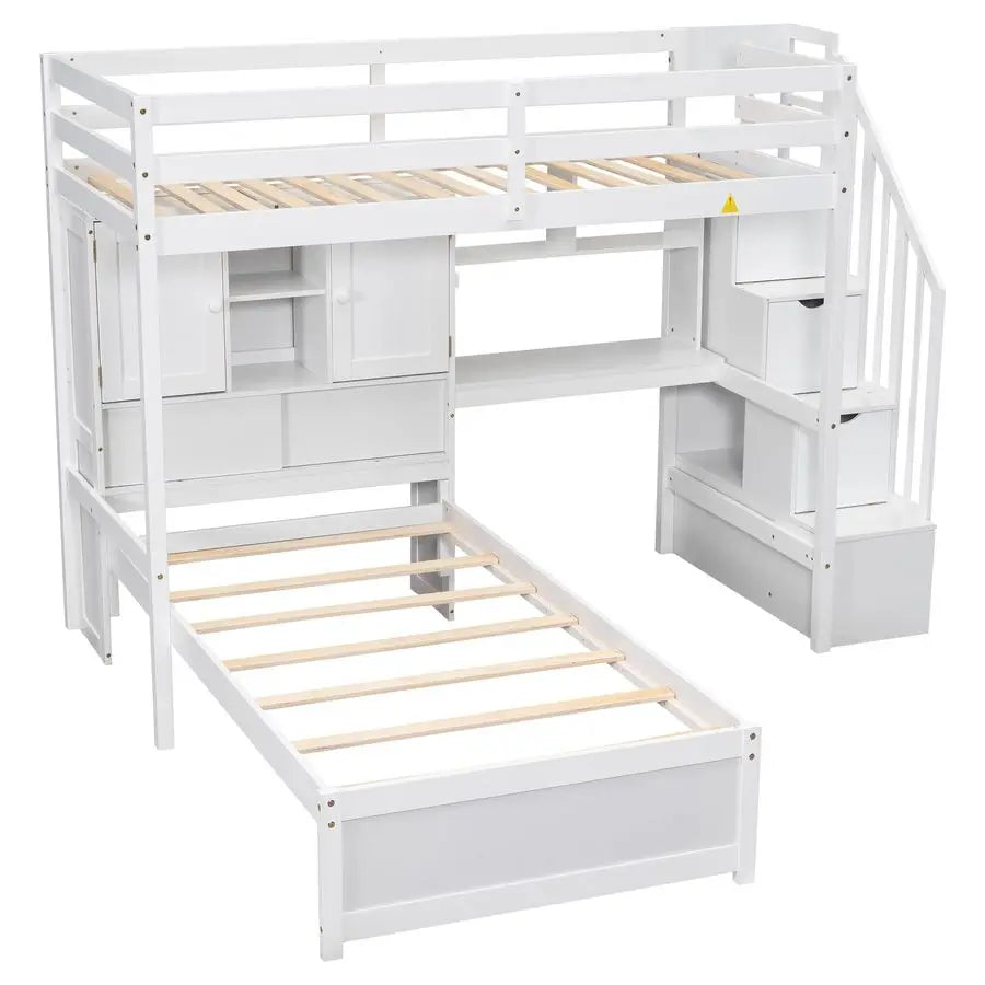 MBVM Twin Over Twin Bunk Bed With Desk And Storage