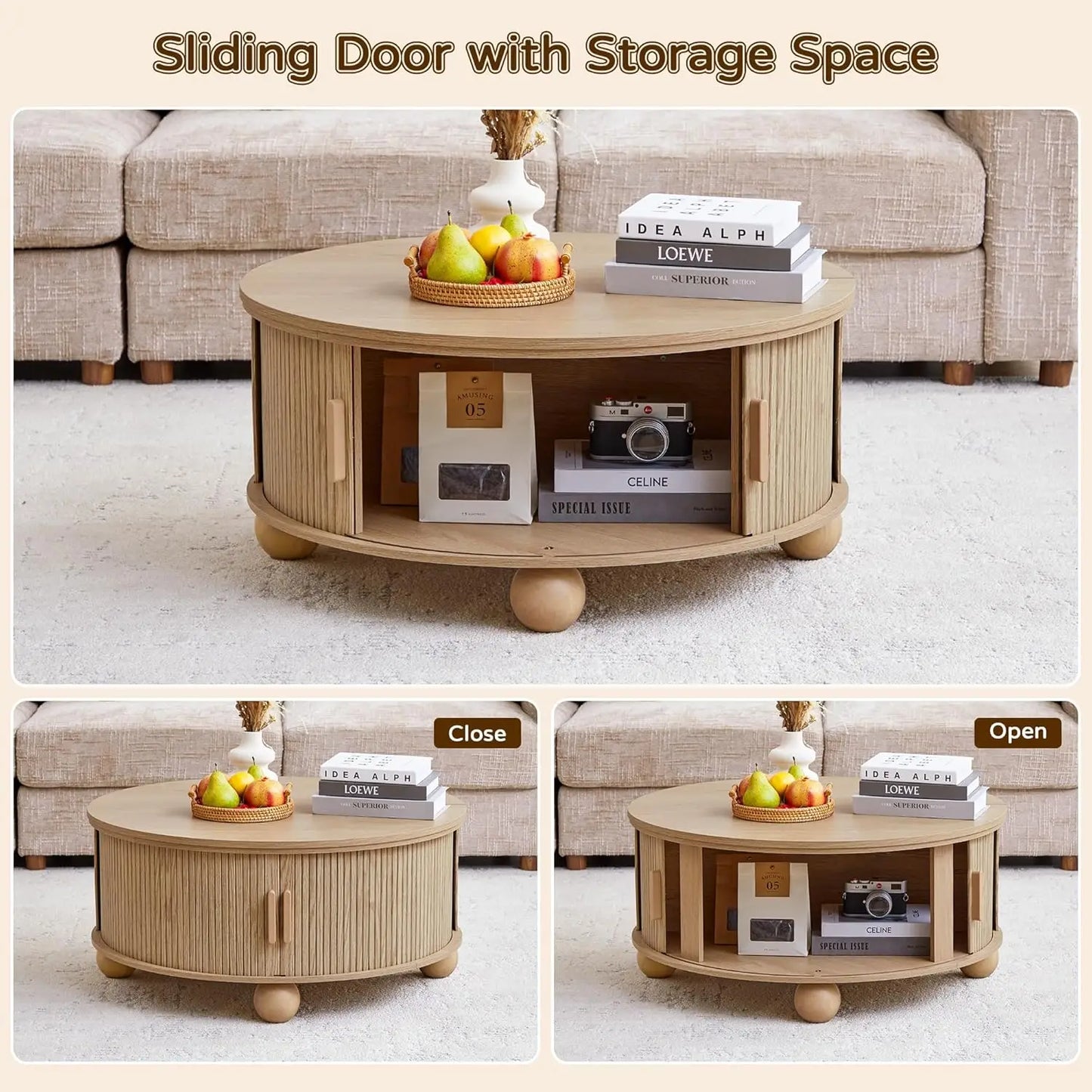 33.5" Lift-Top Coffee & 24" End Table Set 3-Piece Storage Living Room Furniture Natural Customized