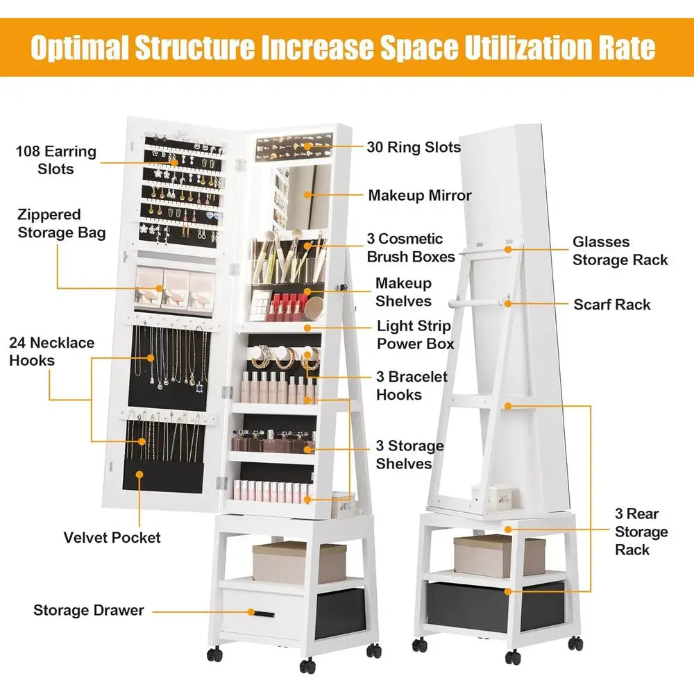 MKDK 360 Degree Swivel Jewelry Cabinet LED Mirror And Storage