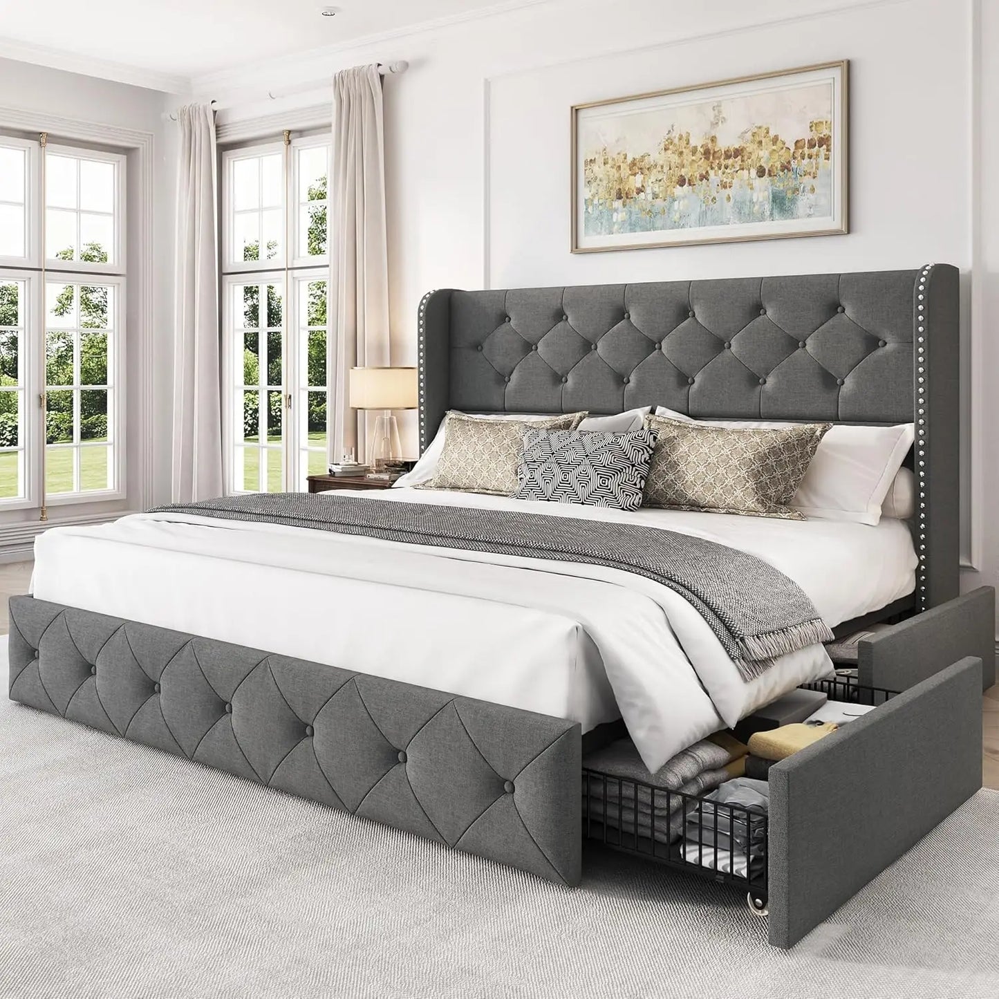 Upholstered Queen Size Bed Frame with 4 Storage Drawers and 47.2" Tall Wingback Headboard Tufted Platform Bed Frame, Customized