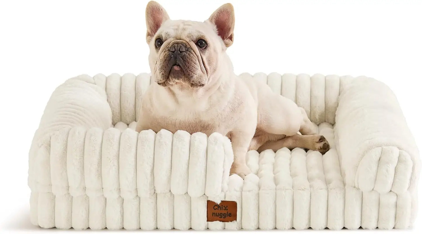 Faux Fur Orthopedic Dog Bolster Bed, Waterproof Washable Cover| rectangular dog sofa couch,egg crate foam,non-slip bottom,for small medium dogs,dark grey,30*24*7,puppy bed