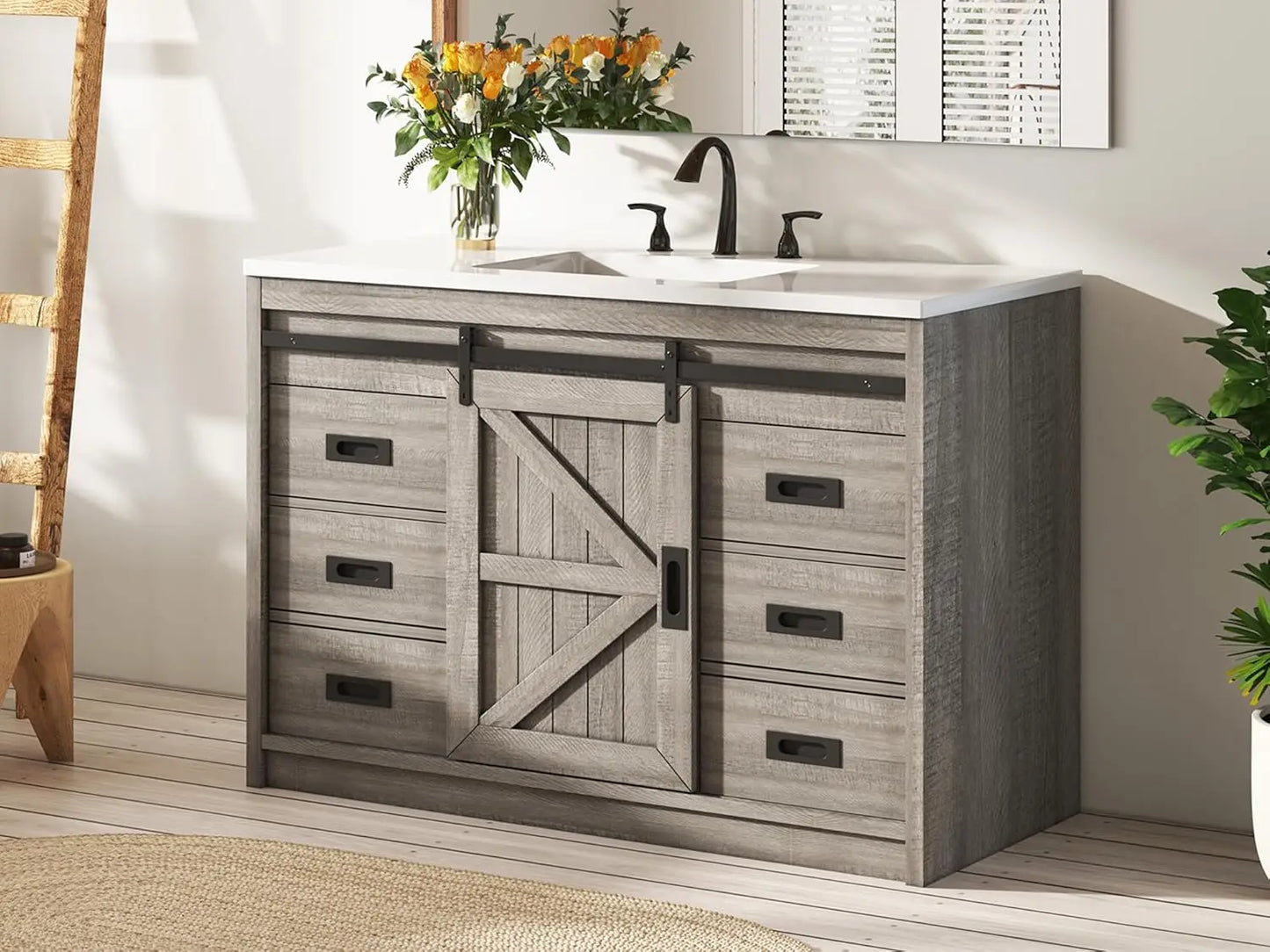 48'' Farmhouse Freestanding Bathroom Vanity with Sink Sliding Barn Door Drawers Metal Handles Deep Basin Storage Custom