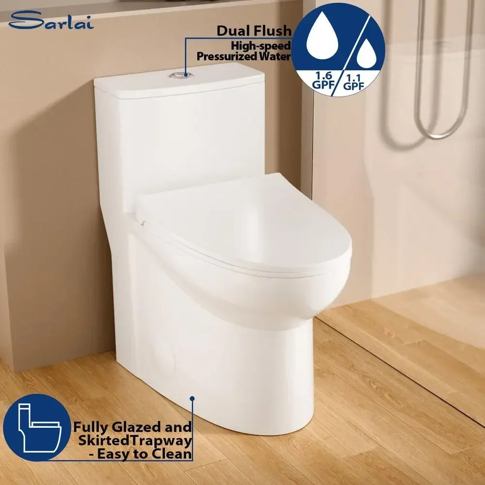 One Piece Toilet Elongated Bathroom Toilet Comfort Height Dual Flush 1.1 1.6 GPF 12 RoughIn Standard White Toilets Bowl White C