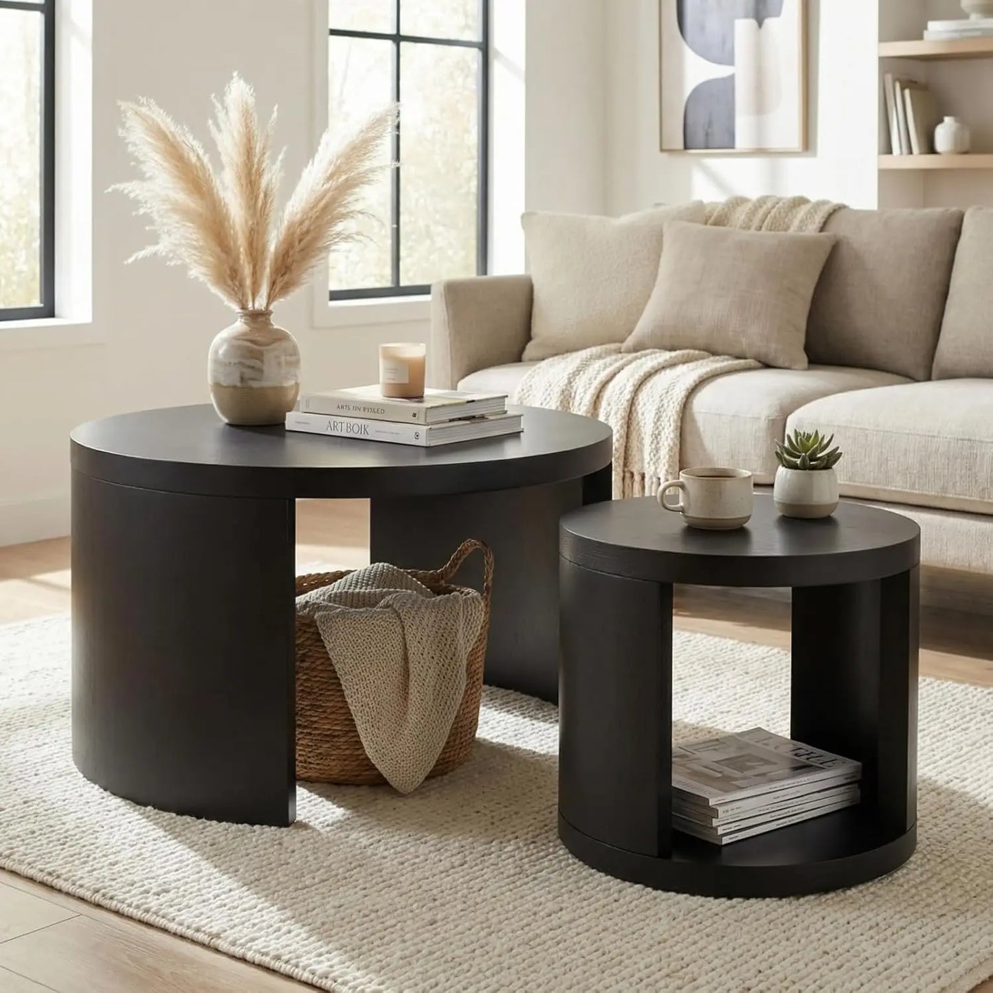 Round Nesting Coffee Tables Set of 2 With Storage Wood