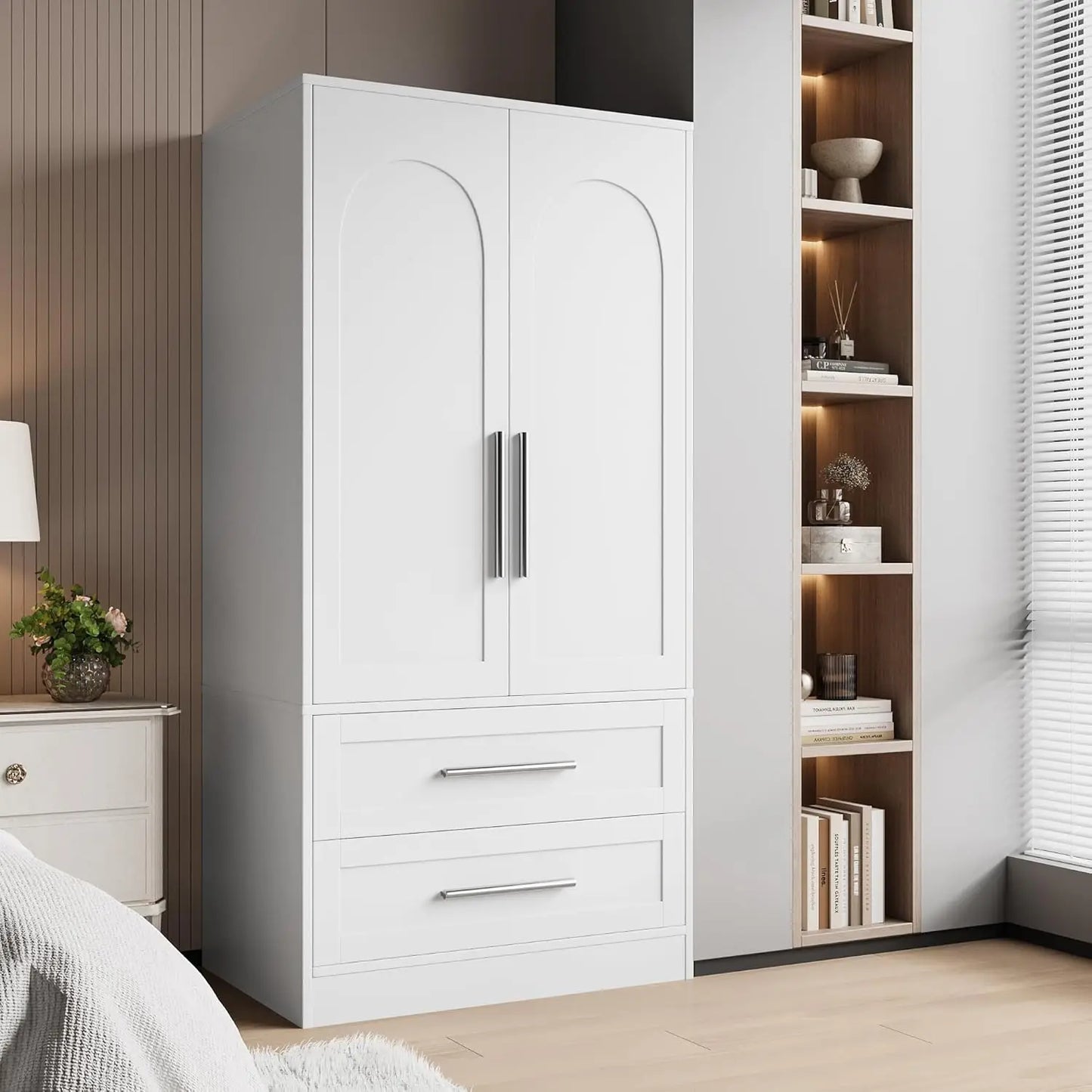 Frame Wooden Armoire Wardrobe Closet With Drawers And Hanging Rod