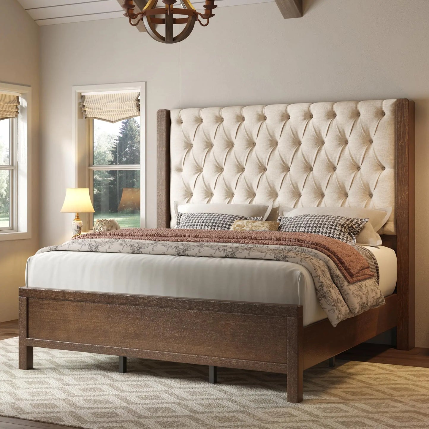 Solid Wood Bed Frame With Wingback Headboard For Modern Homes