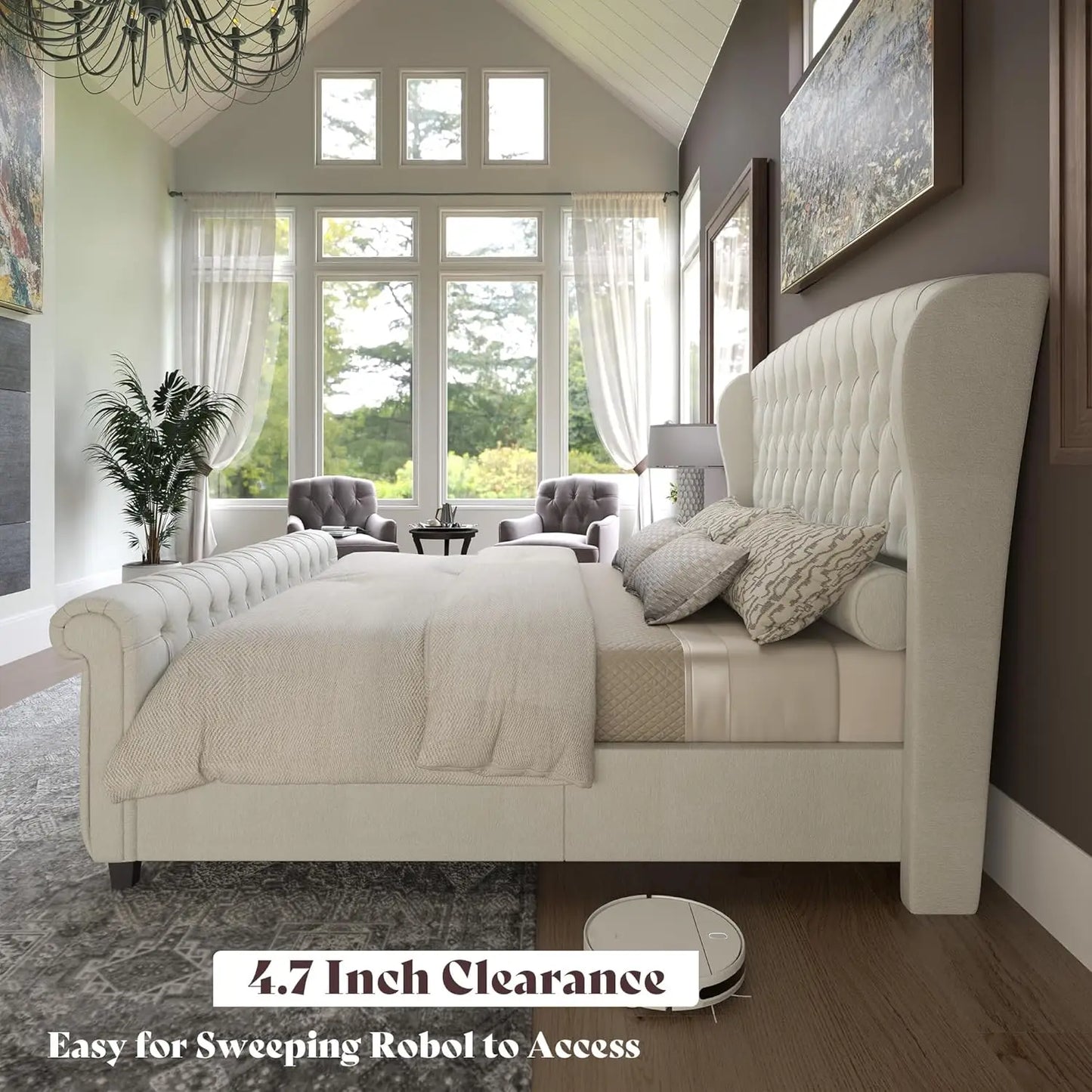 California King Size Platform Bed Frame, Velvet Upholstered Sleigh Bed with Scroll Wingback Headboard & Footboard/Button Tufted/
