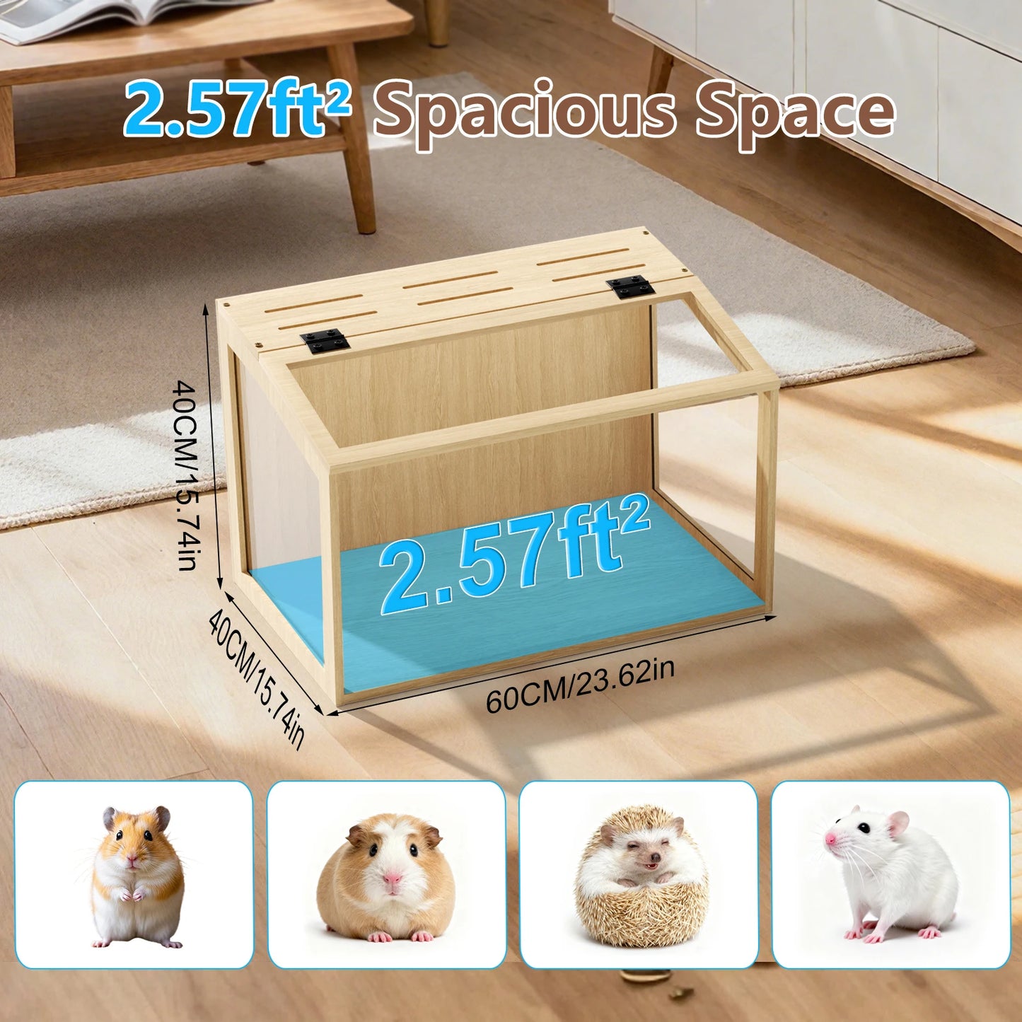 Wooden Hamster Cage With Tempered Glass And Open Roof LED