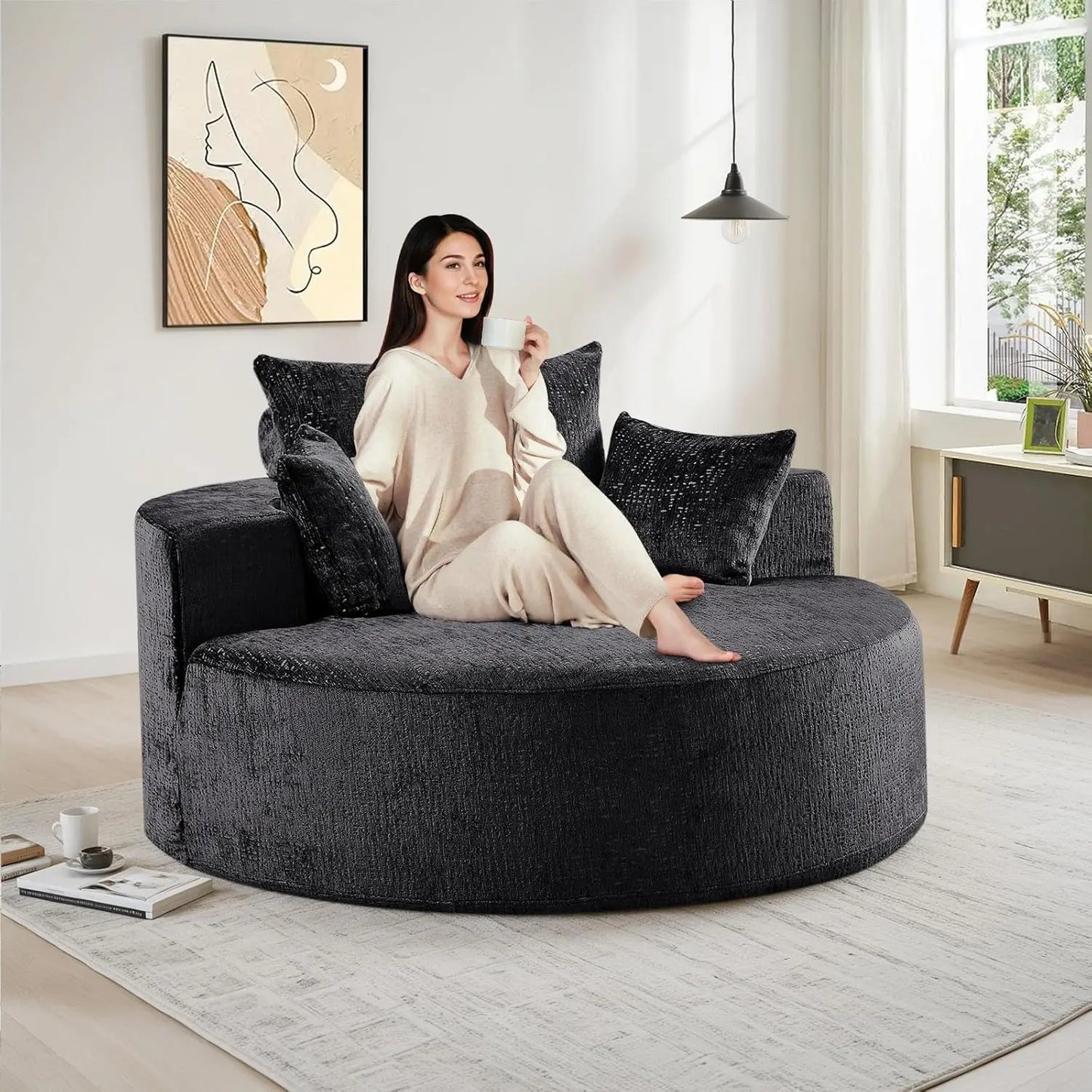 Oversized Round Chaise Longue Chair Indoor, Modern 55-inch Upholstered Chenille Deep Seat Circle Single Cloud, Customized