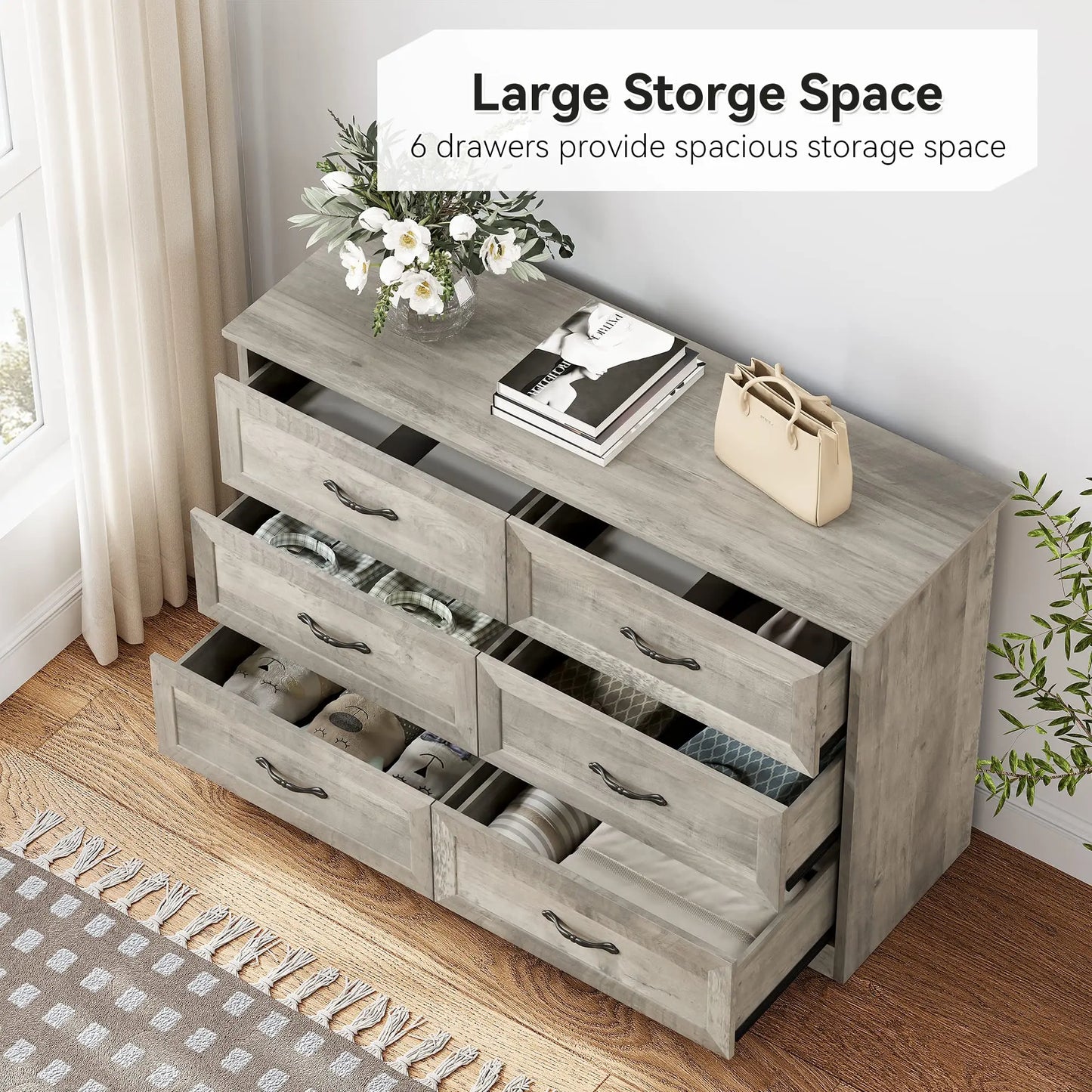 IDEALHOUSE Dresser for Bedroom with 6 Drawers, Wood Drawer Dresser Chest of Drawers for Closet, Living Room, Hallway
