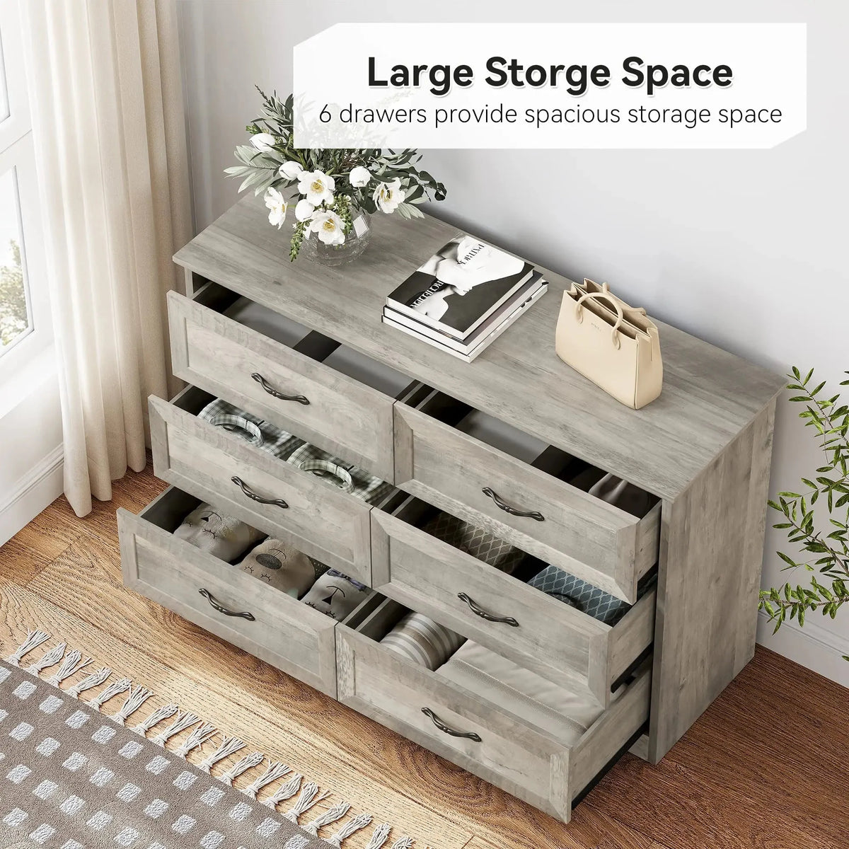 IDEALHOUSE Dresser for Bedroom with 6 Drawers, Wood Drawer Dresser Chest of Drawers for Closet, Living Room, Hallway The Pet & Home Store