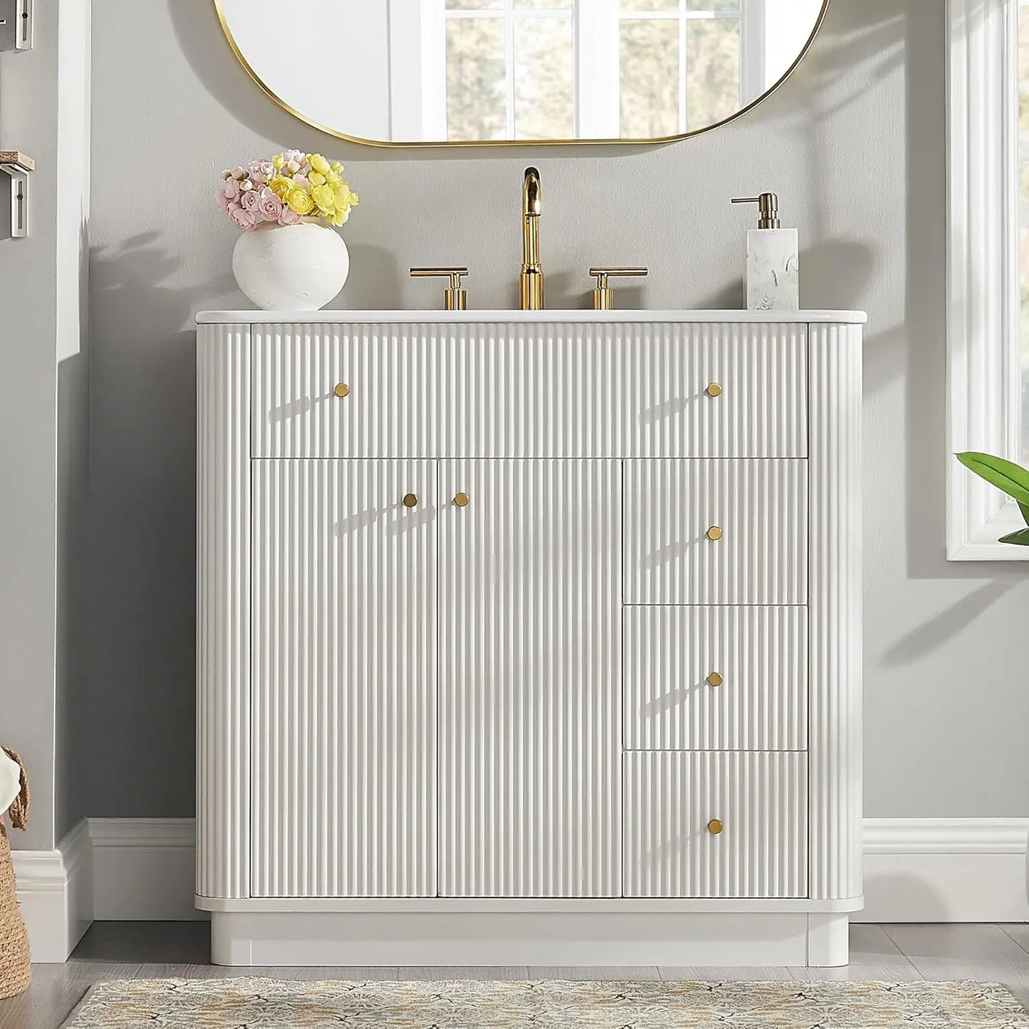 36in Modern Fluted Bathroom Vanity with Sink Storage Cabinet Adjustable Shelf & 3 Drawers Solid White, Custom