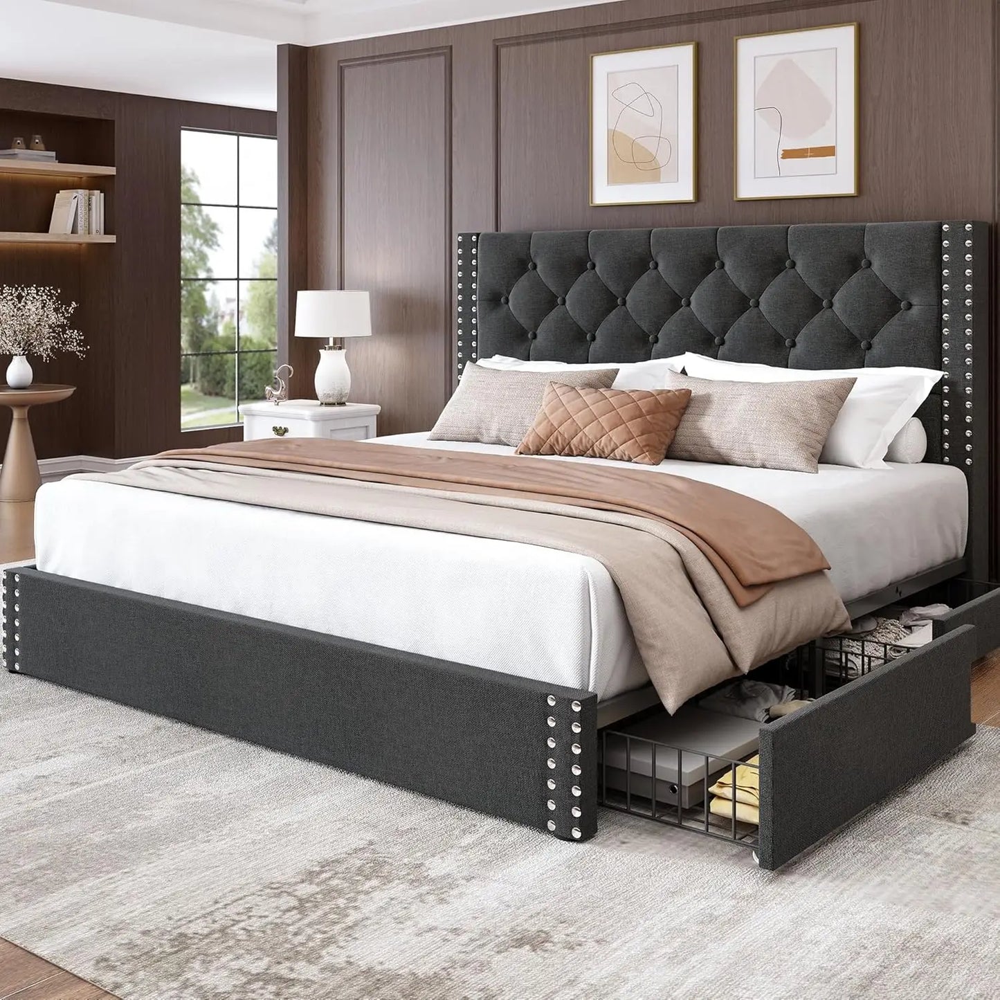 Queen Size Bed Frame Upholstered Platform Bed with 4 Storage Drawers and Tufted Headboard Bed Frame with Heavy Duty, Customized
