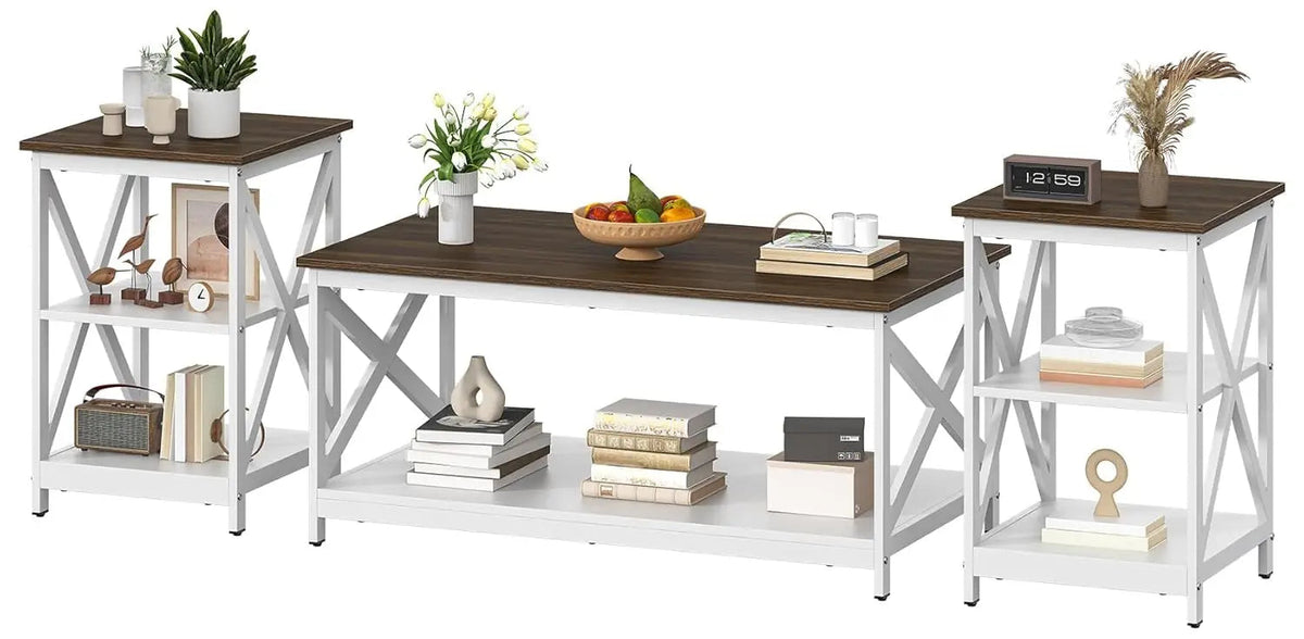 Living Room Coffee Table Set of 3, Industrial X-Design Coffee Table and 2 End Side Tables, 3 Piece Living Room Table Set The Pet & Home Store