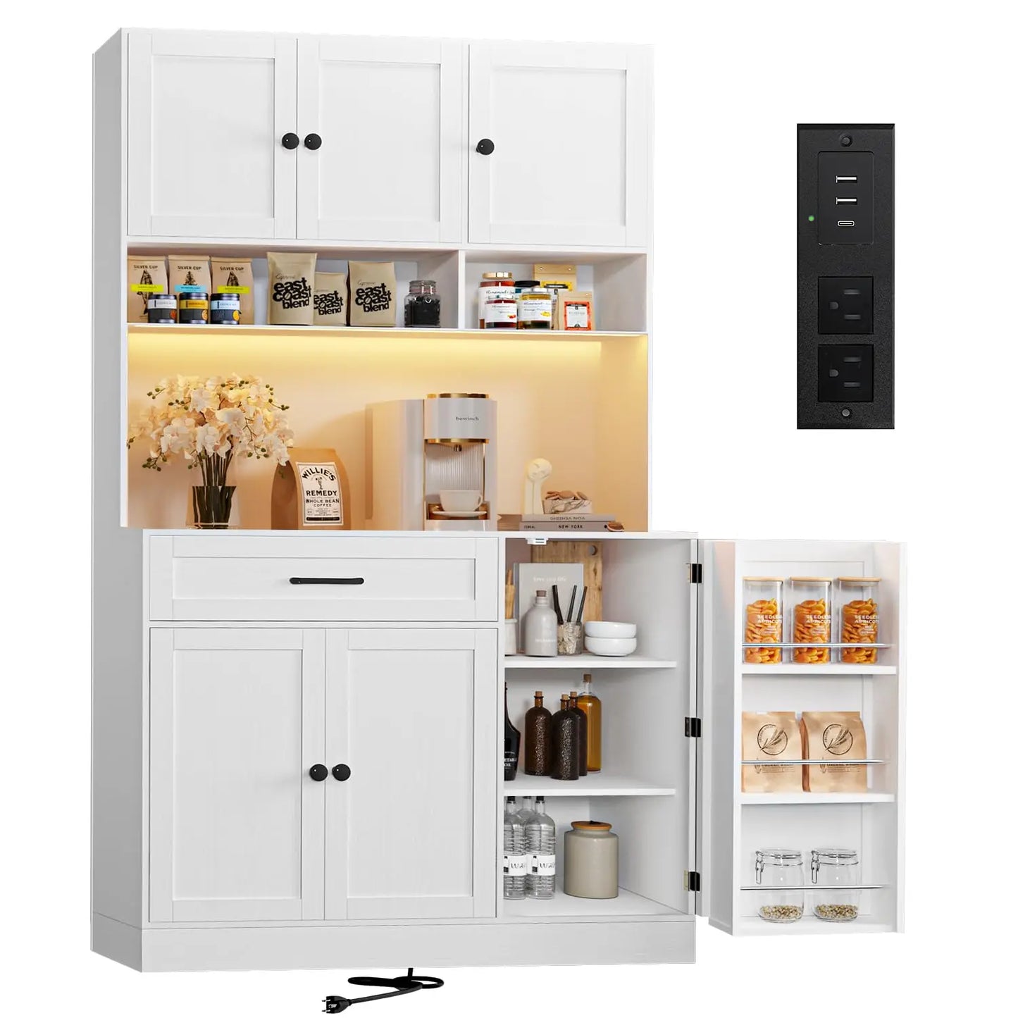 Guangbai Kitchen Pantry Cabinet With LED Light And Charging Station