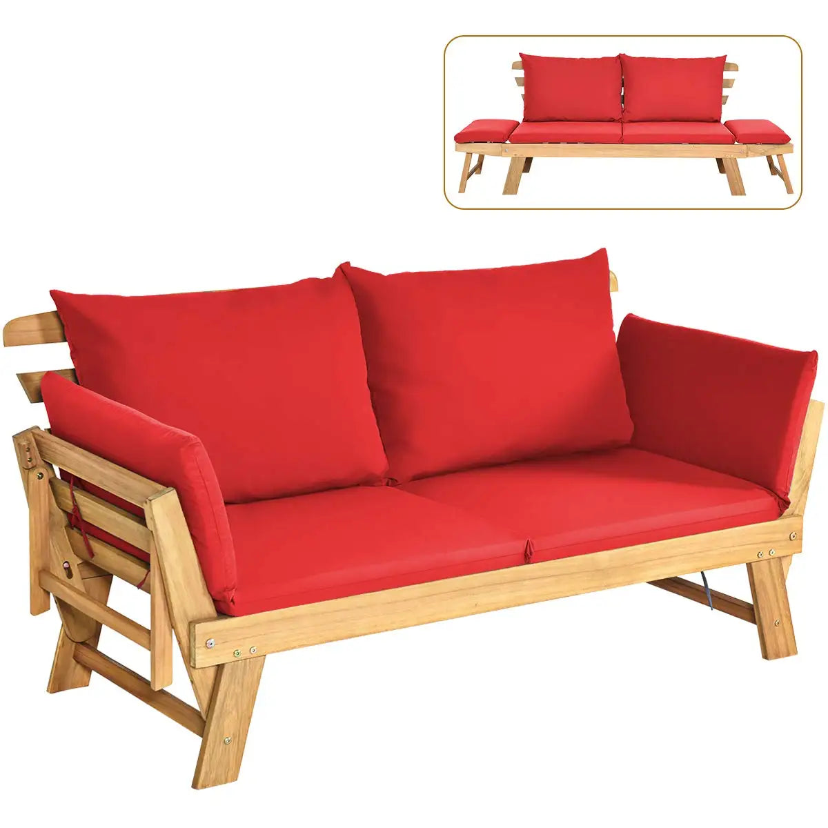 Convertible Acacia Patio Sofa Bed Adjustable Armrest Cushion Pillows Outdoor Folding Futon Bench Porch Garden 3-Seat, Custom