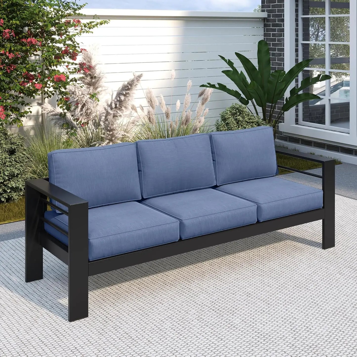 3 Seat Dark Aluminum Patio Sofa, All Weather Outdoor Couch with Cushions, Customized