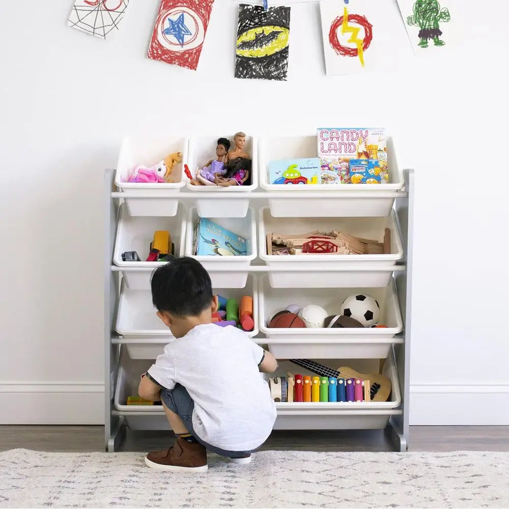 Toy Storage Organizer with 12 Removable Storage Bins, 4-Tier Toddler Toy Organization, Grey/White