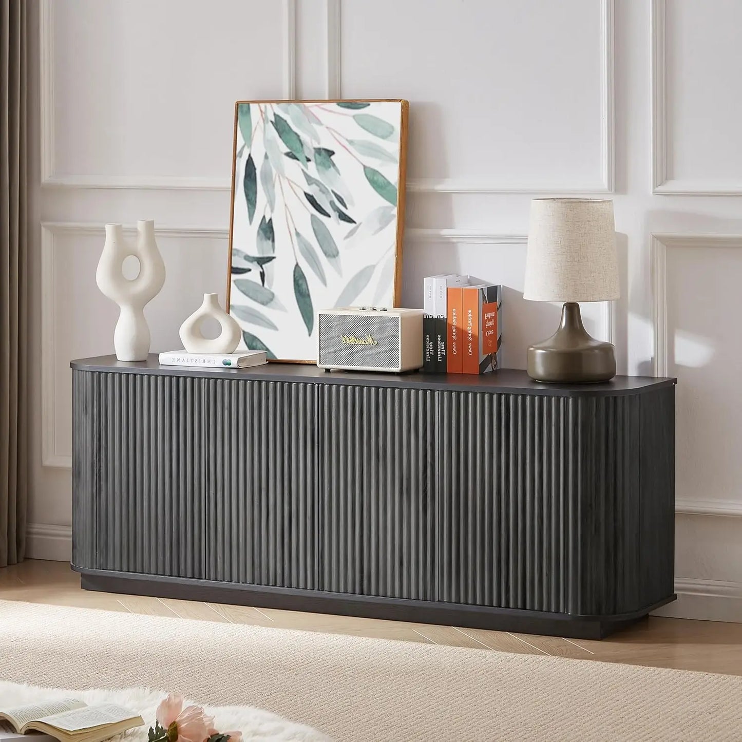 64 Inch Fluted TV Stand With Storage And Adjustable Shelves