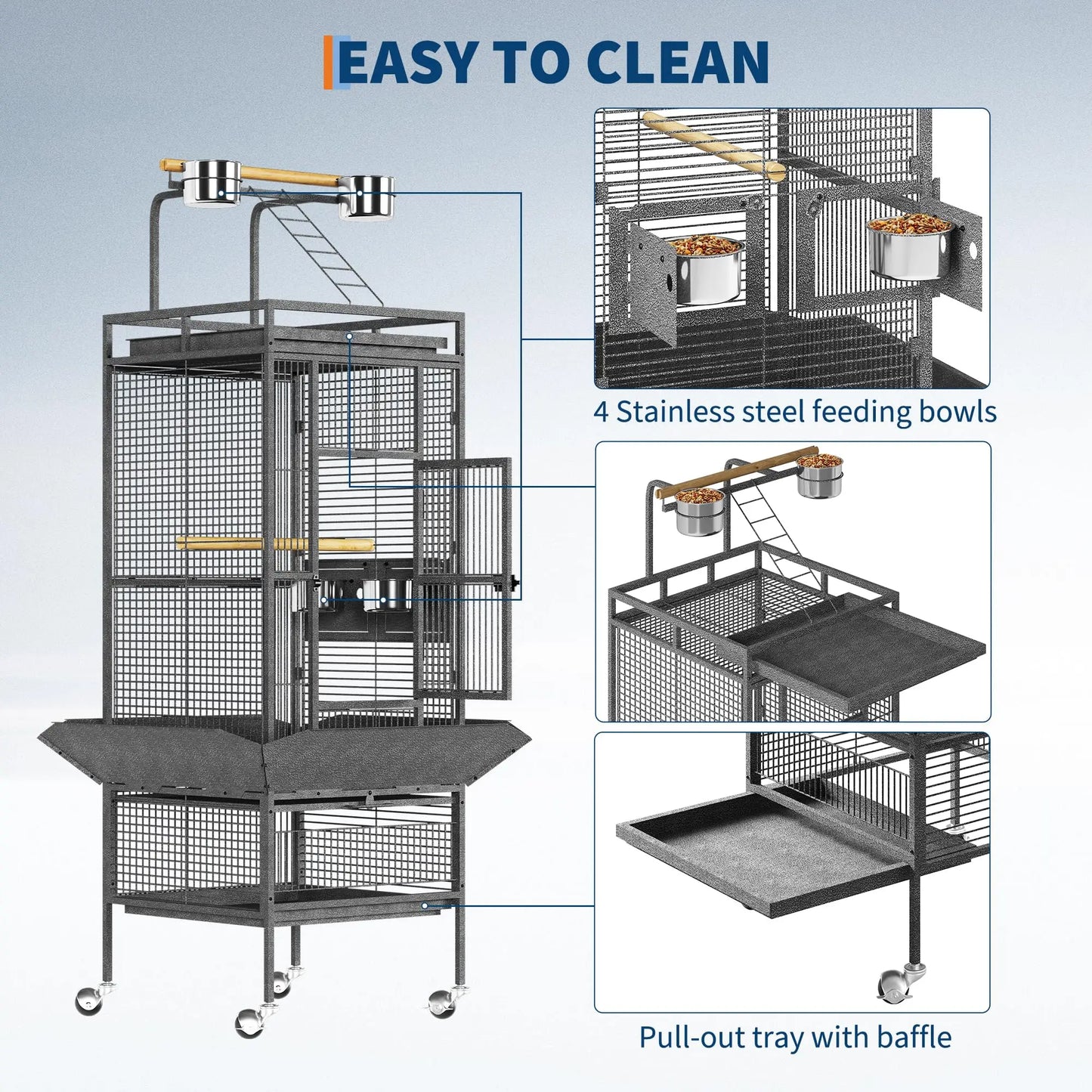 HiMISS Large Bird Cage With Rolling Stand, Sliding Tray, Bowls