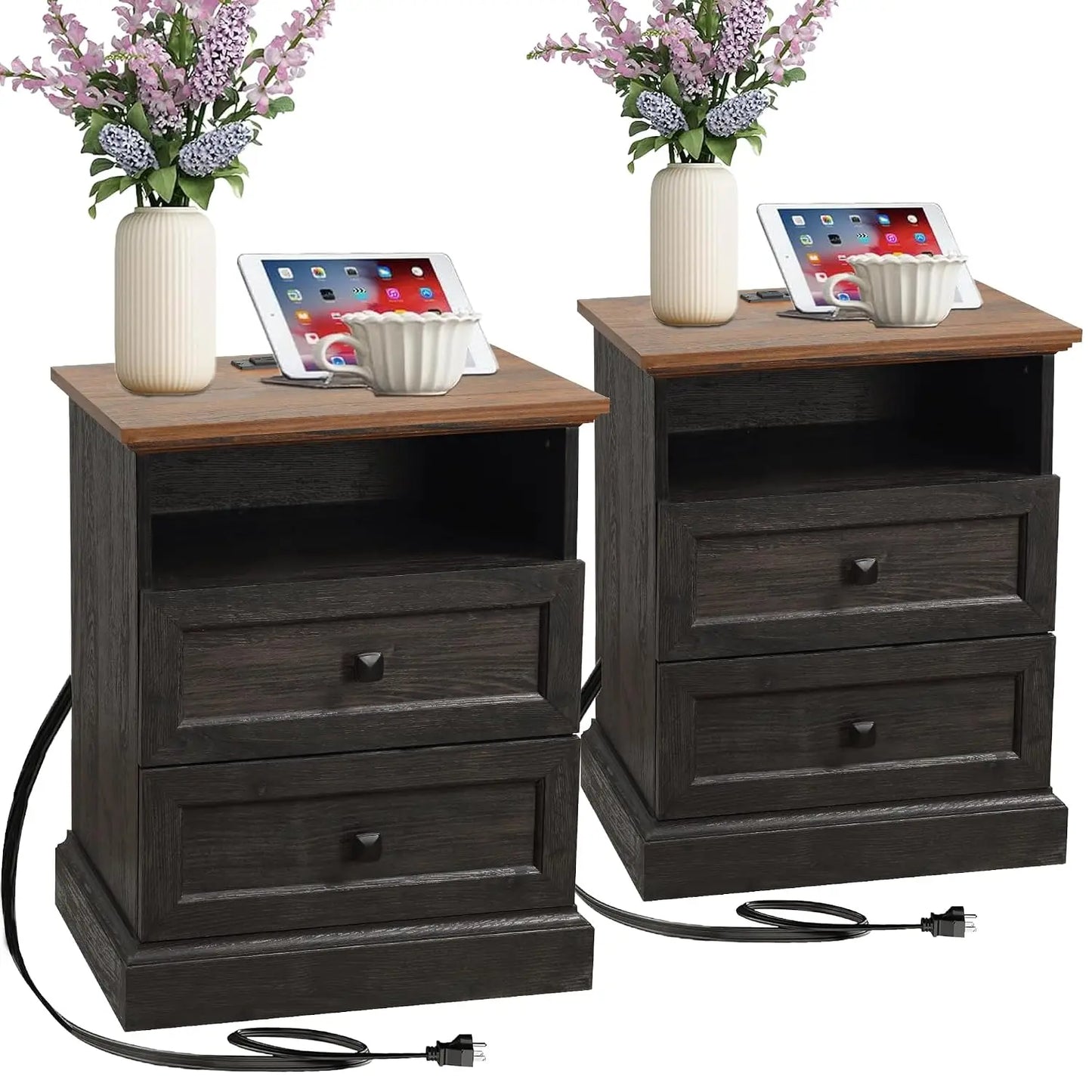 Farmhouse Nightstand Set of 2 with Charging Station & 2-Drawer Storage, Antique White for Bedroom, Custom