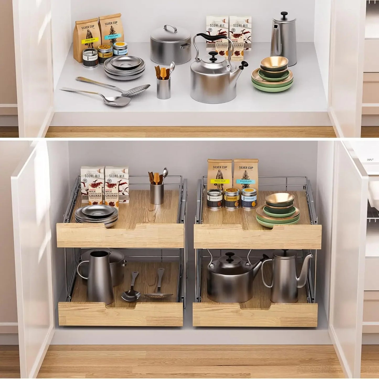 Two Tier Pull Out Cabinet Organizer With Wire Basket