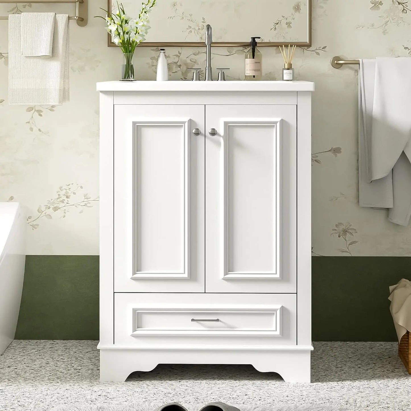Wood Bathroom Vanity Cabinet With Ceramic Sink Adjustable Drawer Shelf