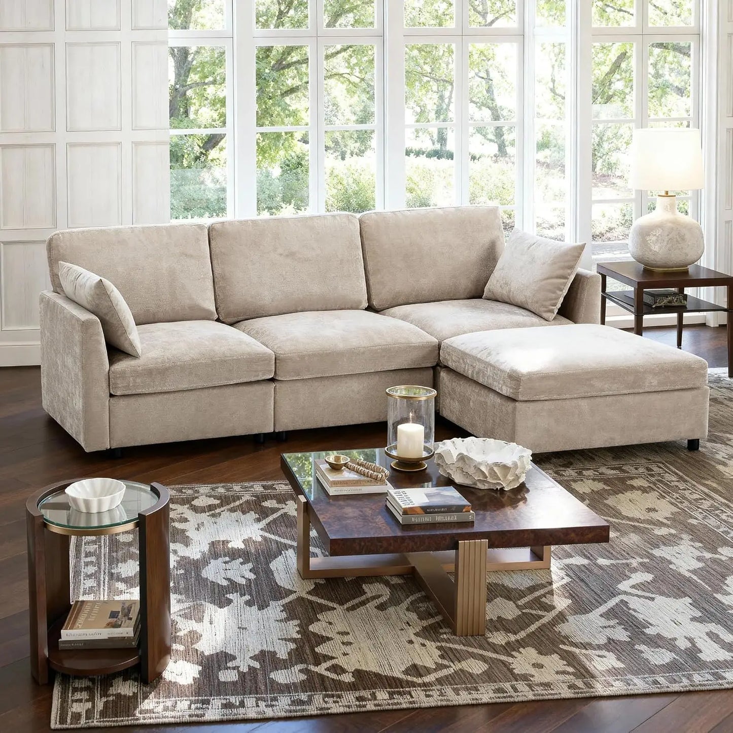 Sectional Couch for Living Room, Comfy L Shaped Convertible Sofa, 4 Seater Modern Chenille Sofa with Ottoman, Grey, Customized