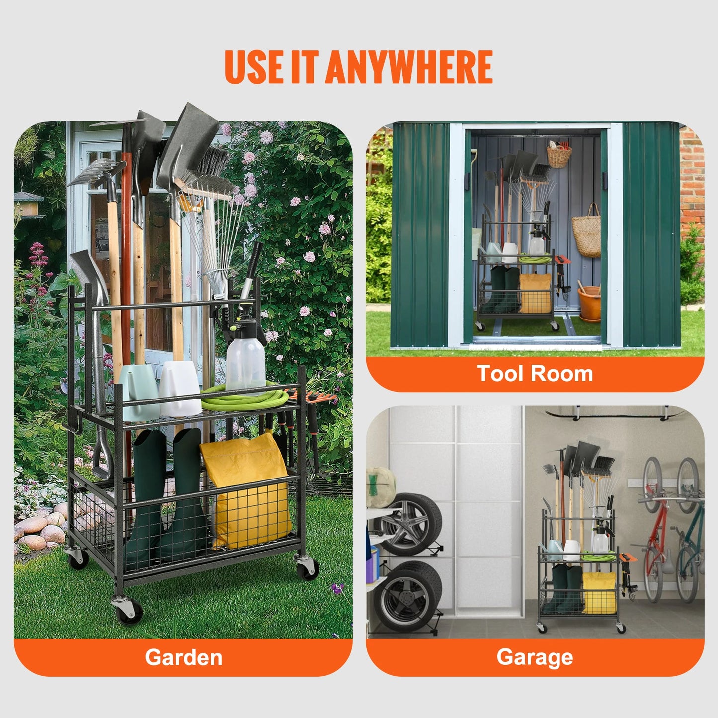 SucceBuy 16-Slot Garden Tool Organizer Rack With Hooks And Wheels