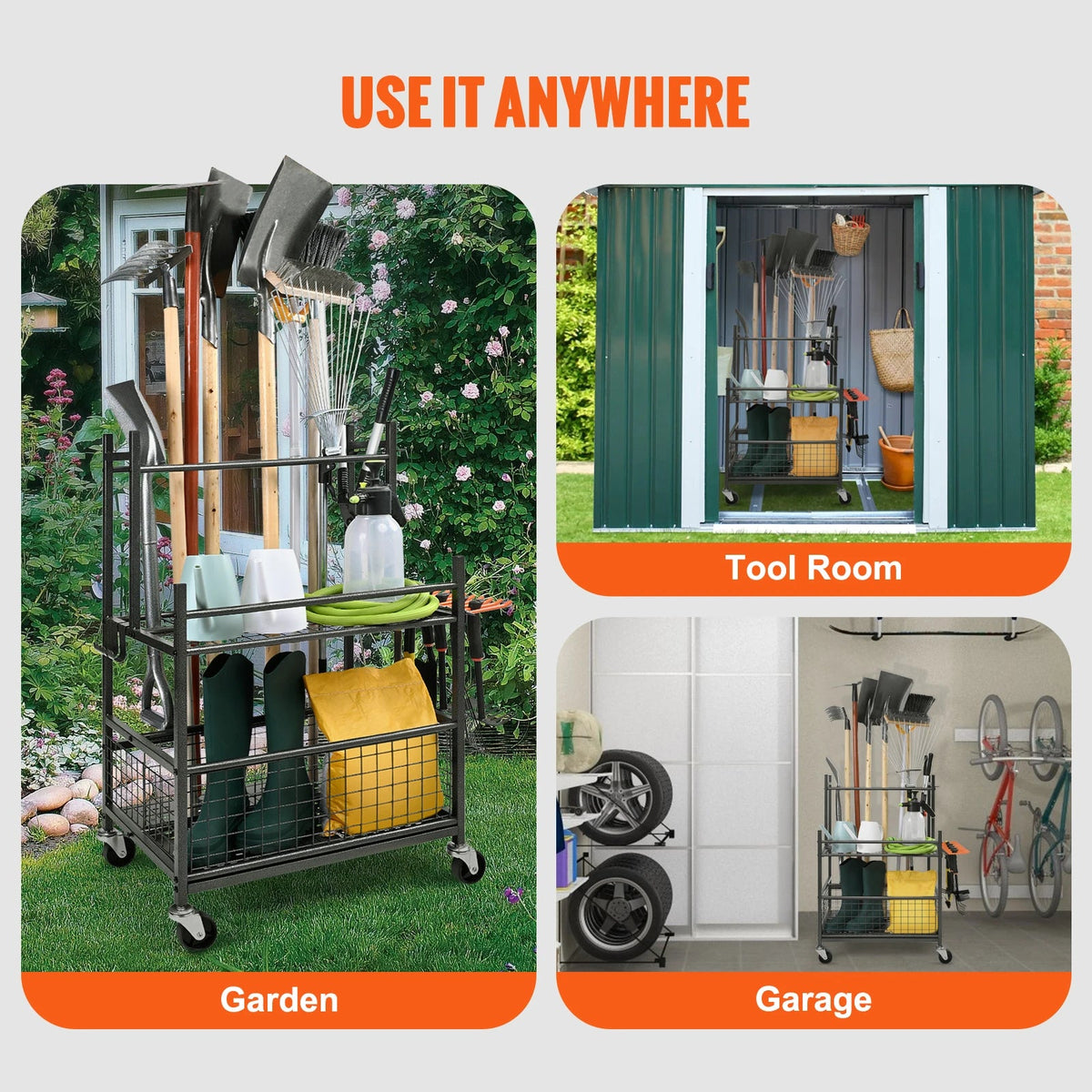 SucceBuy 16 Slots Garden Tool Organizer Yard Tool Tower Rack with Hooks Wheels Long-Handled Rake Stand Holder for Garage Storage The Pet & Home Store