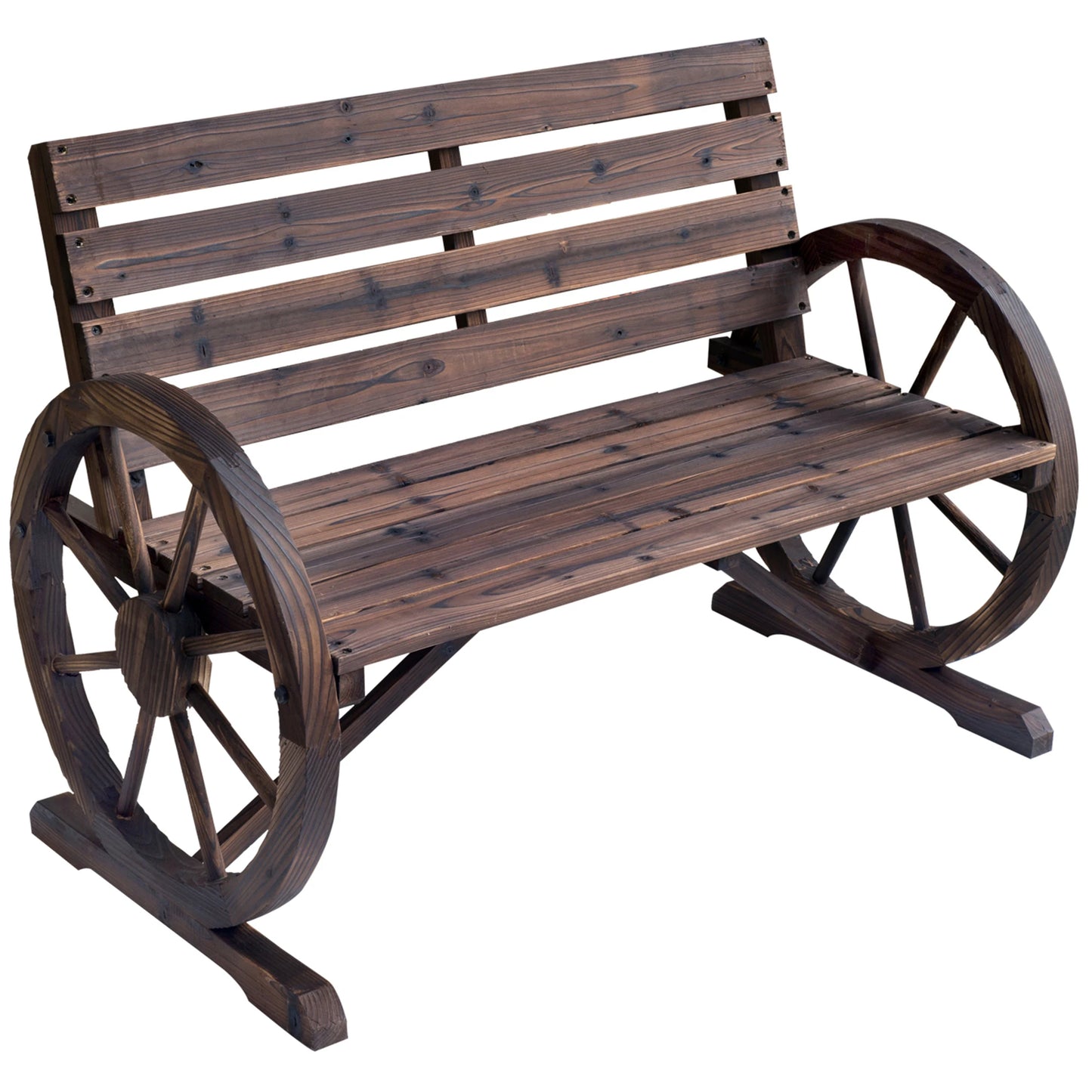 Outsunny Wagon Wheel Bench Wood Outdoor Garden Loveseat Chair Carbonized