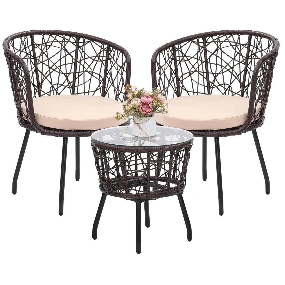 4 Piece Patio Bistro Outdoor Furniture Set, Wicker Sofa, 2 Rattan Chairs, and Table, Backyard Conversation Set, All, Customized The Pet & Home Store