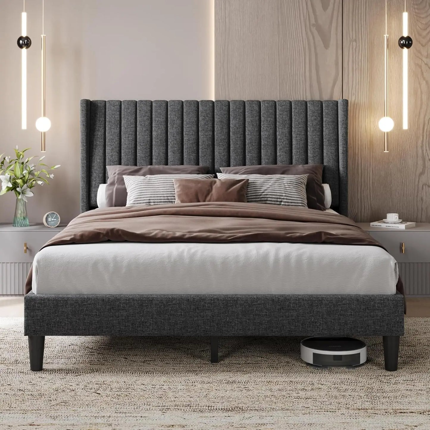 Upholstered Platform Bed Frame With Fabric Headboard Wing Edge NonSlip