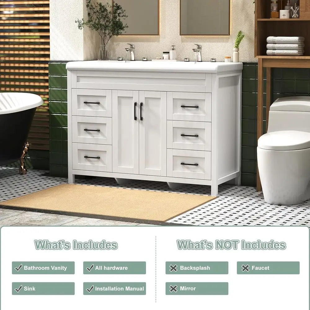 48 Inch Bathroom Vanity with Sink, Bathroom Vanity Cabinet with Doulble Sink, Bath Vanities with 2 Doand 4 Ders, White (20" D x