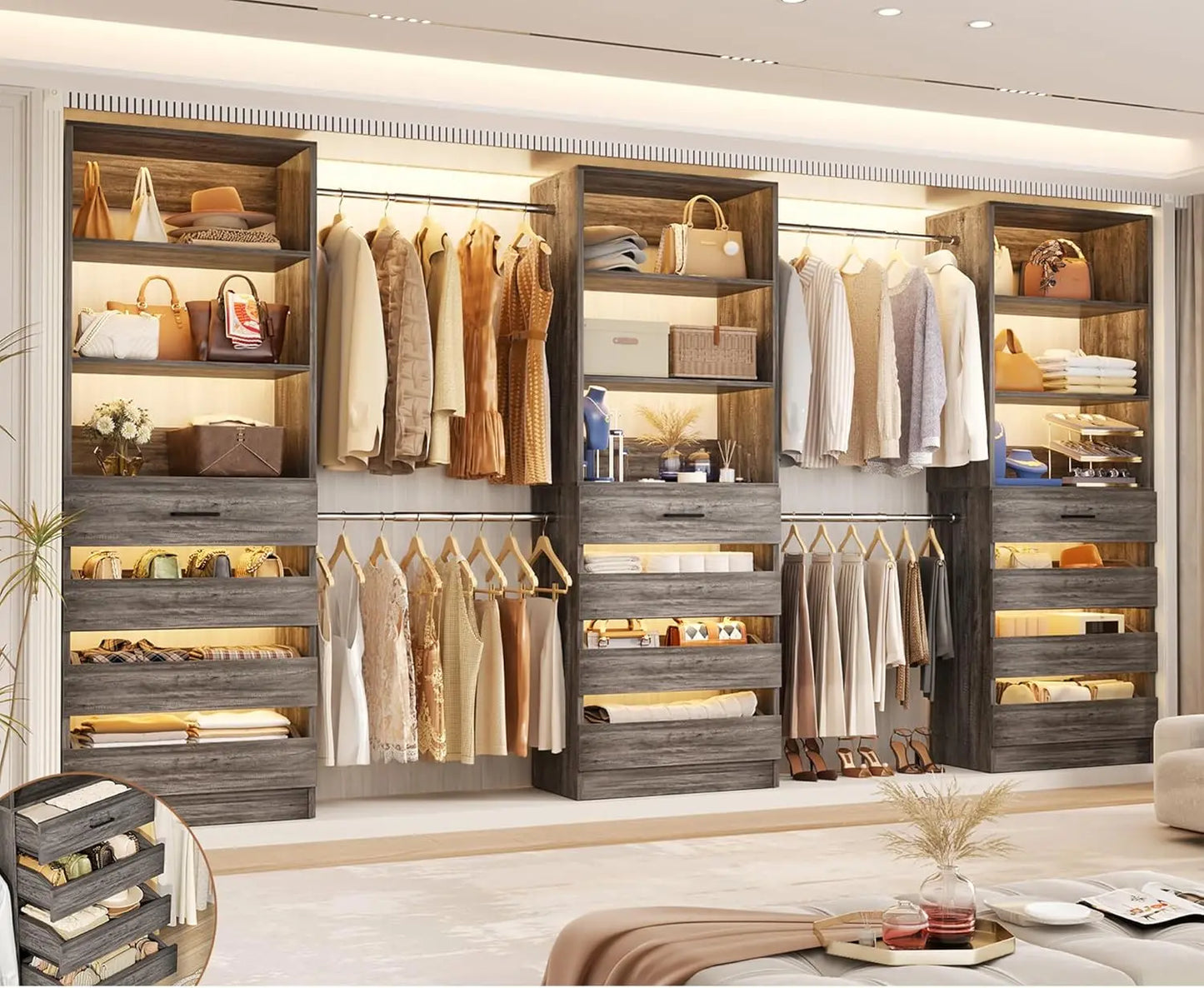 Wooden Closet Organizer System With 4 Rods And 12 Drawers