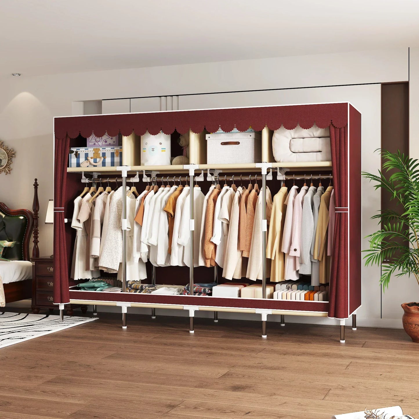 ArluKin heavy duty fabric wardrobe with metal frame and four hanging rods for garment organization