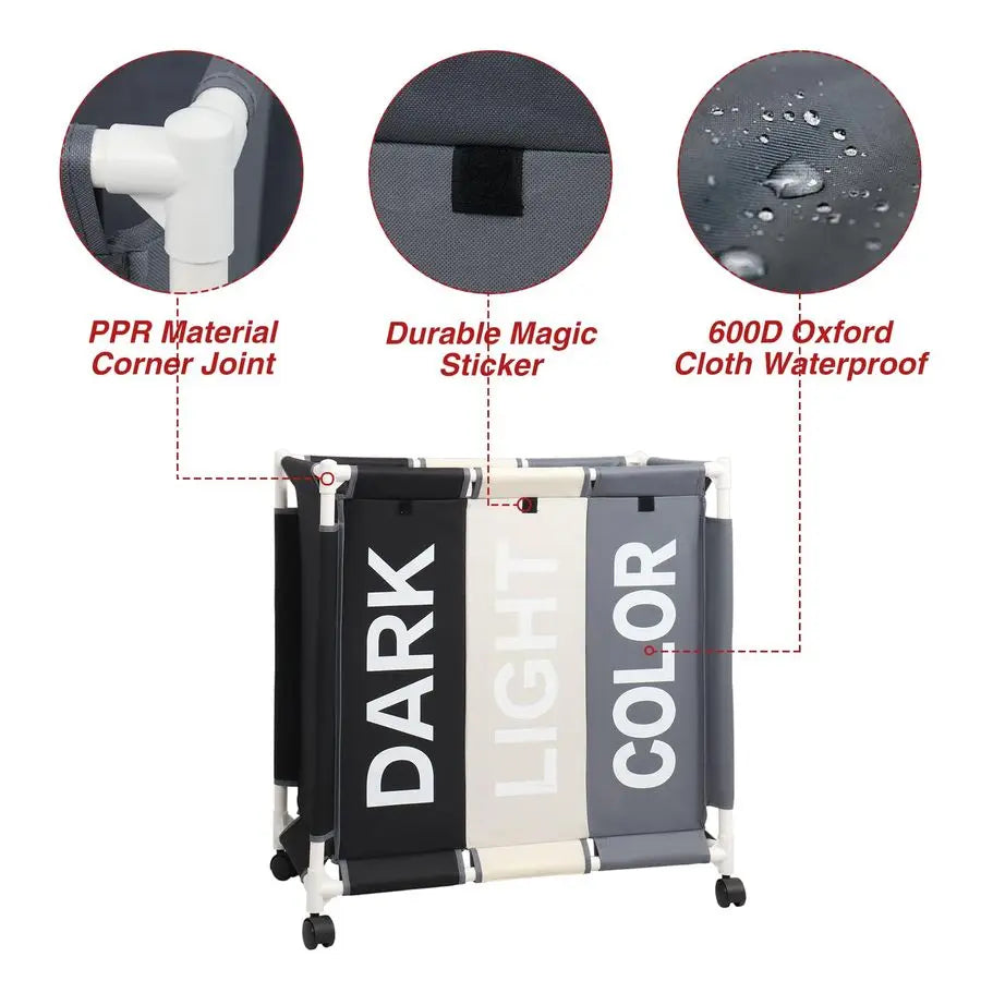 Three Section Laundry Hamper With Rolling Wheels Organizer Cart