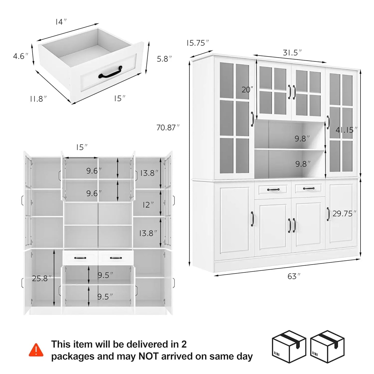 Kitchen Storage Cabinet With Glass Doors And 2 Drawers