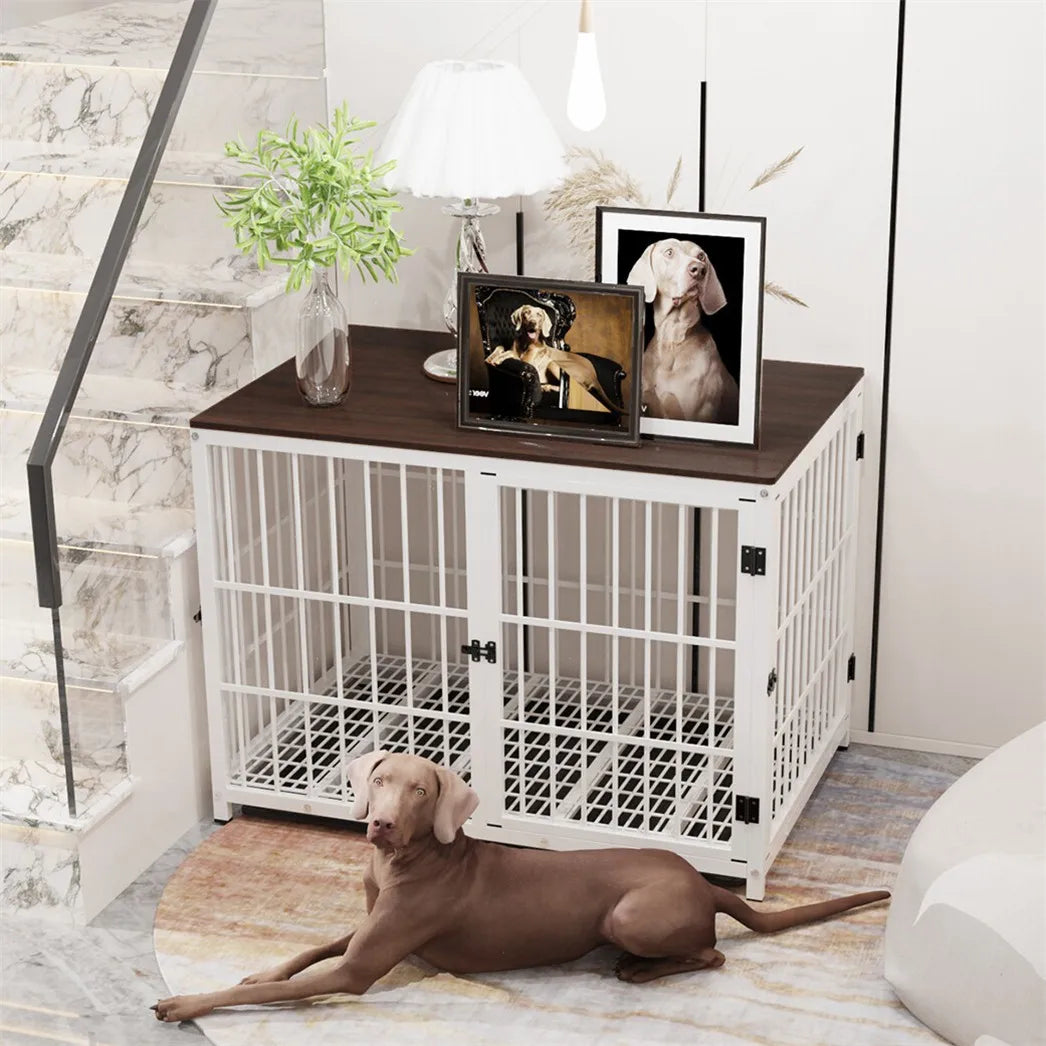 Large Wooden Dog Crate Indoor Furniture Style Elevated Pet Dog Cage Kennel End Table Lattice Playpen with 3 Doors Removable Tray The Pet & Home Store