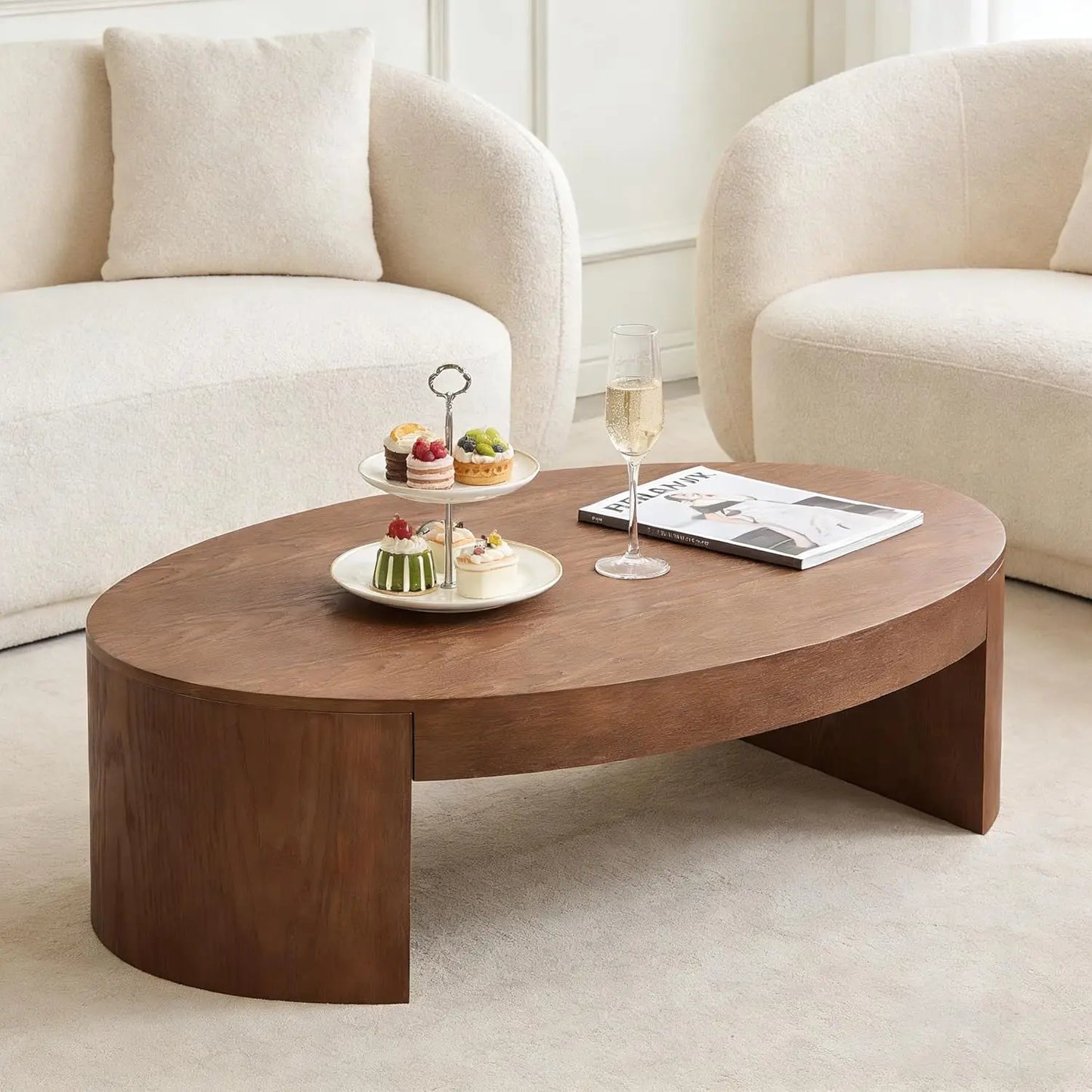 Wood Pedestal Coffee Table For Living Room Minimalist Modern Circle