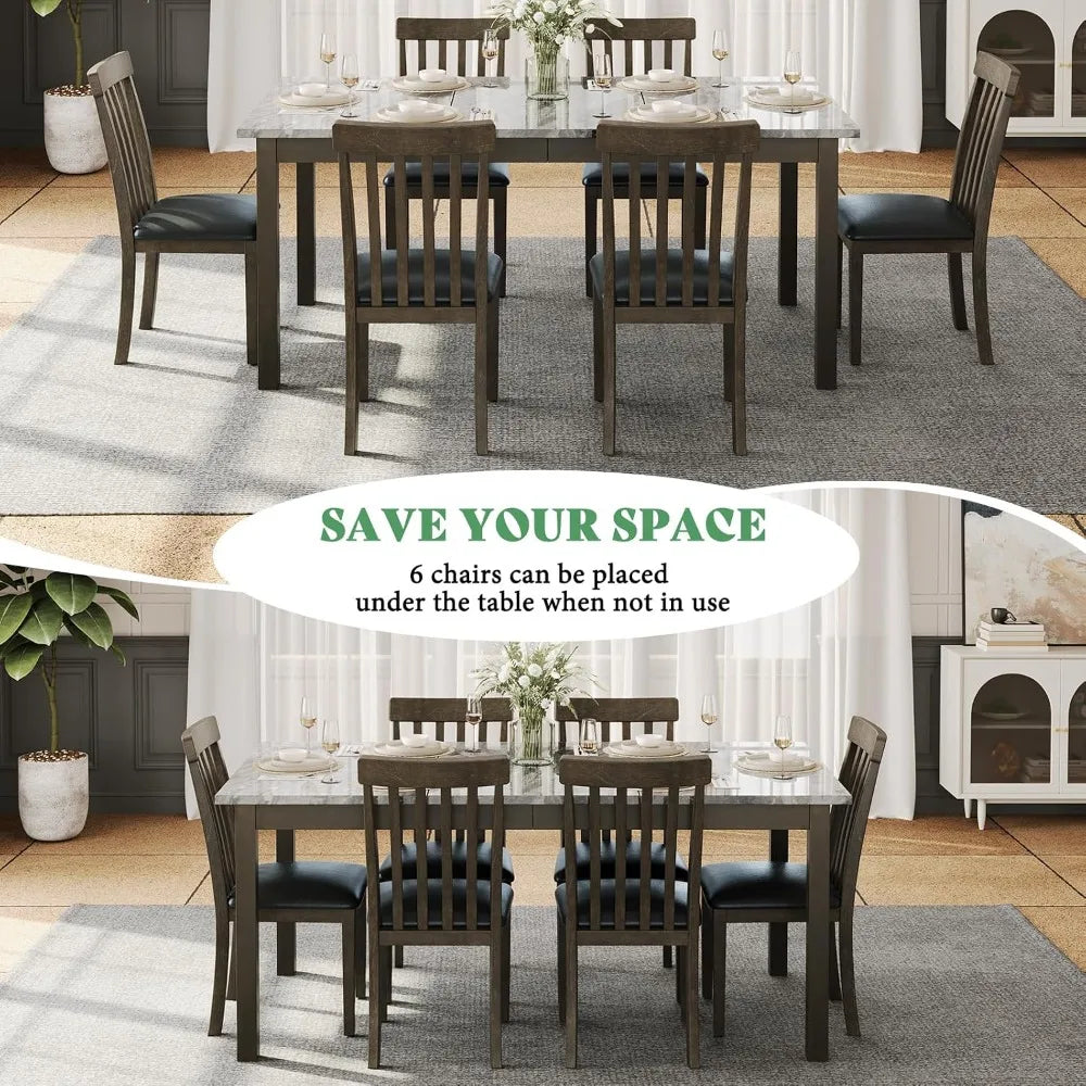7-Piece Dining Set, 71" Faux Marble Table, 6 PU Chairs, Solid Wood, Dark Brown