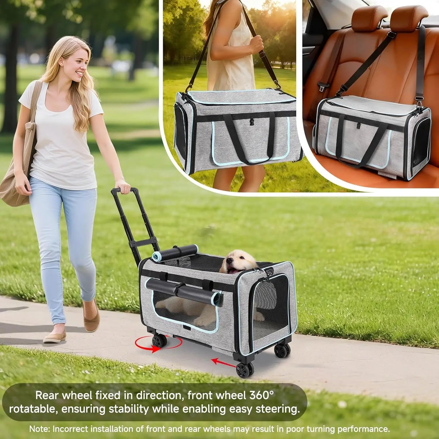 Pet Carrier with Wheels for Cats and Dogs, Detachable Wheels & Washable Pad, Escape-Proof Zipper, Portable Travel Bag for