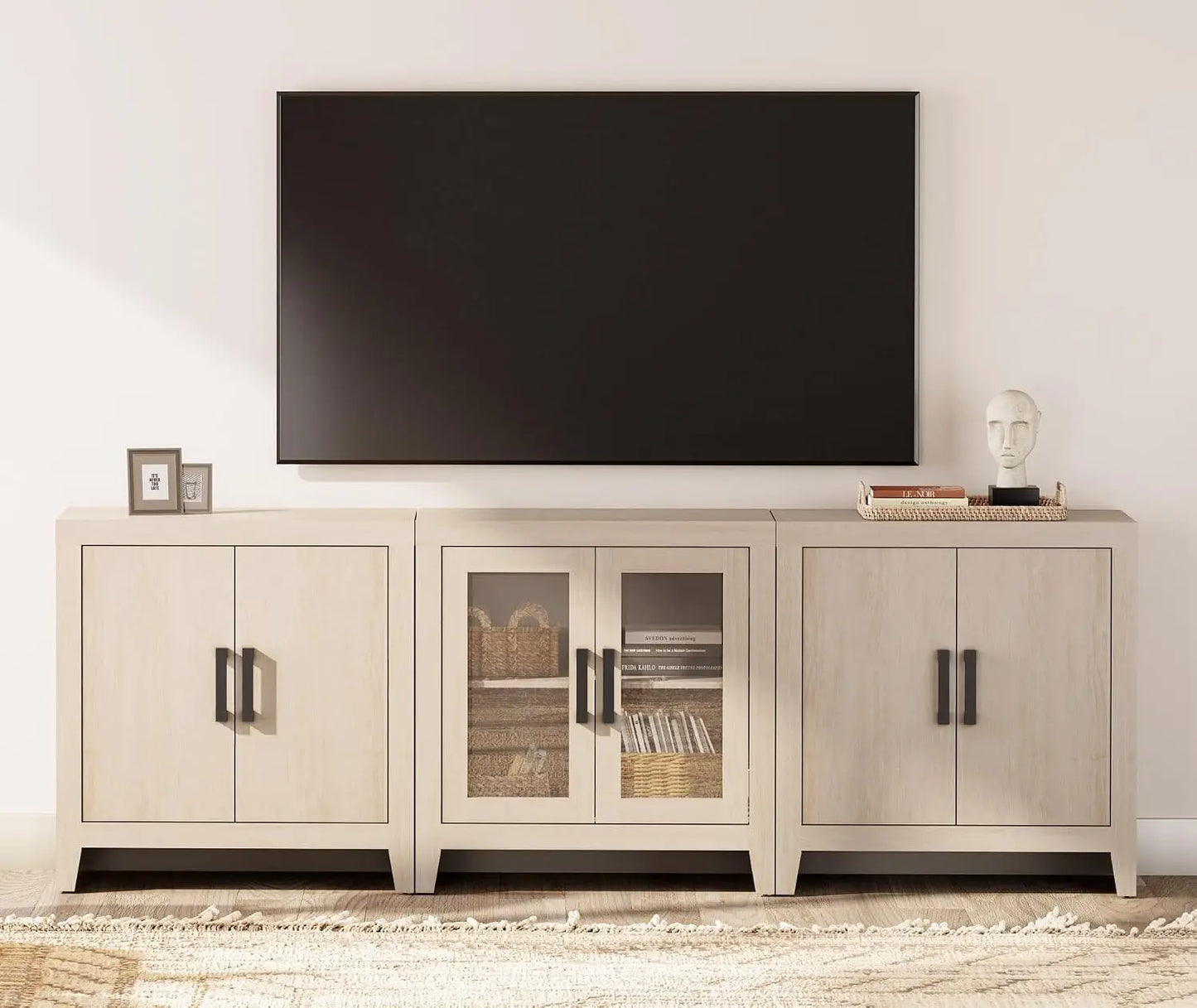 Farmhouse TV Stand for TVs up to 85 Inch, 3-Piece Modular Entertainment Center with Glass and Wood Doors, Media, Customized