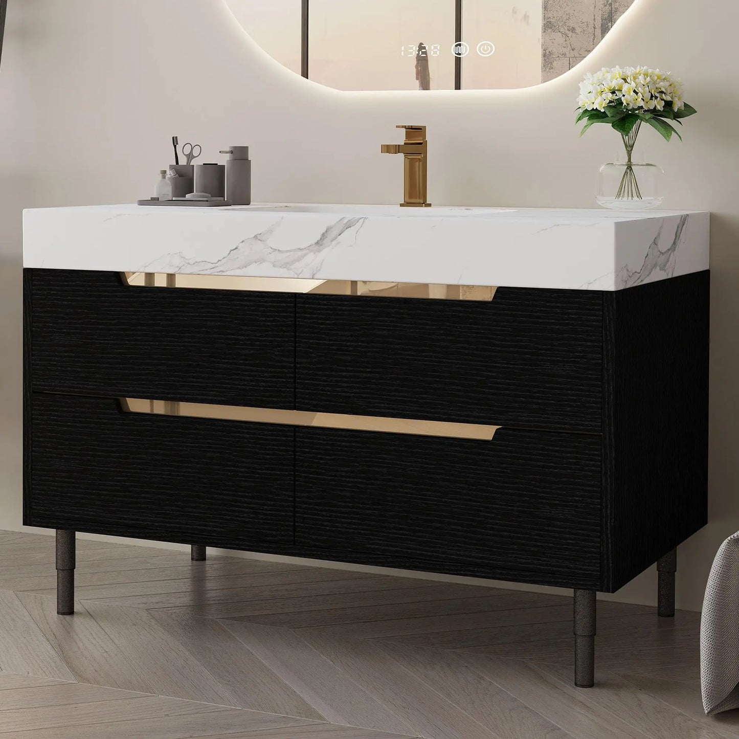 Solid Wood Vanity With Ceramic Sink And Sintered Stone Top